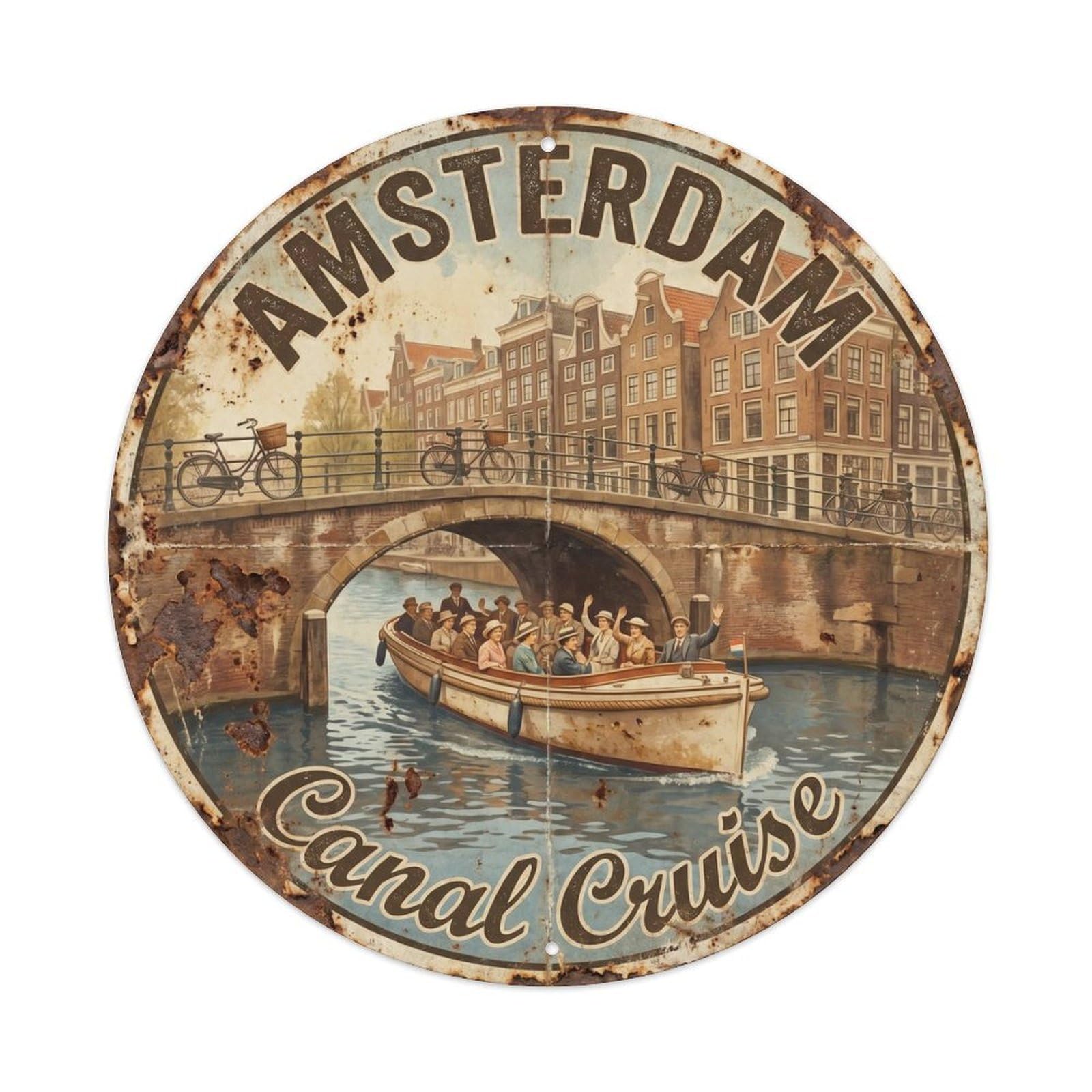 Vintage Travel Amsterdam Canal Cruise Metal Tin Sign Plaque Wall Decor for Cafe, Club, Garden Round Metal Poster 8x8Inch