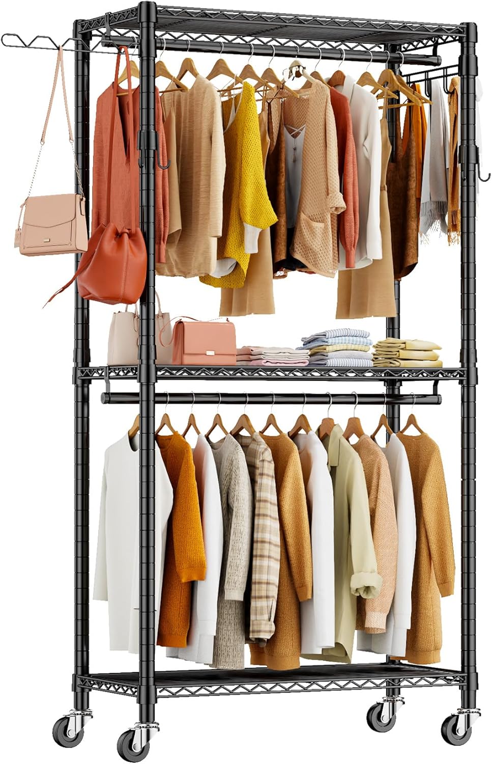 Clothing Racks for Hanging Clothes Load 420 LBS, Heavy Duty Clothes Garment Rack, Rolling Clothes Wardrobe Closet Rack, Metal Freestanding Clothing Rack with Shelves & Wheels, Black