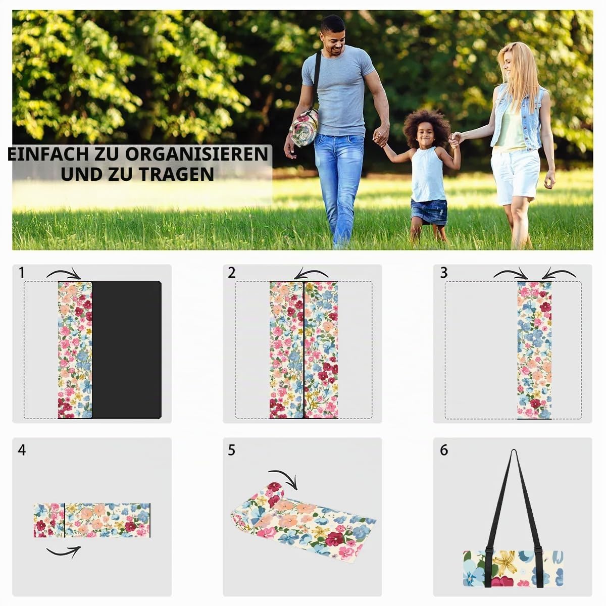 Picknickdecke mit Blumen, wasserdicht, sanddicht, faltbar, Stranddecke, 200,7 x 200,7 cm, extra groß, tragbar, waschbar, Outdoor-Matte für Camping, Park, Gras, Wandern, Reisen