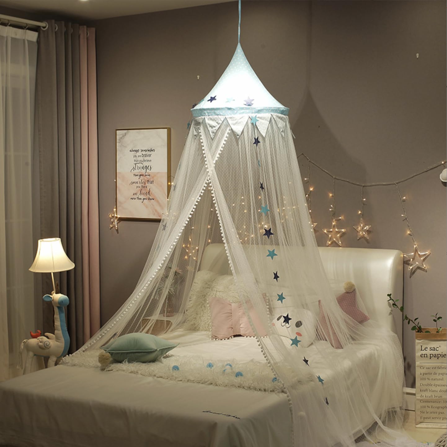 Pabellón de la cama de mosquitero para bebé con estrellas Banderines Carpas colgantes lindas Malla de cortinas Decoración para niños Habitación para niños Princesa Bebé cuna, Azul