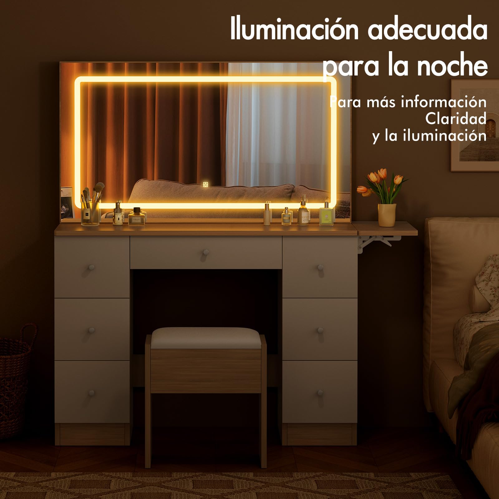 ALFORDSON Tocador con Espejo e iluminación, Juego de tocador de 90 cm con 4 cajones y Taburete de Almacenamiento, Luces LED Ajustables, tocador para Dormitorio de Mujeres y niñas, Madera