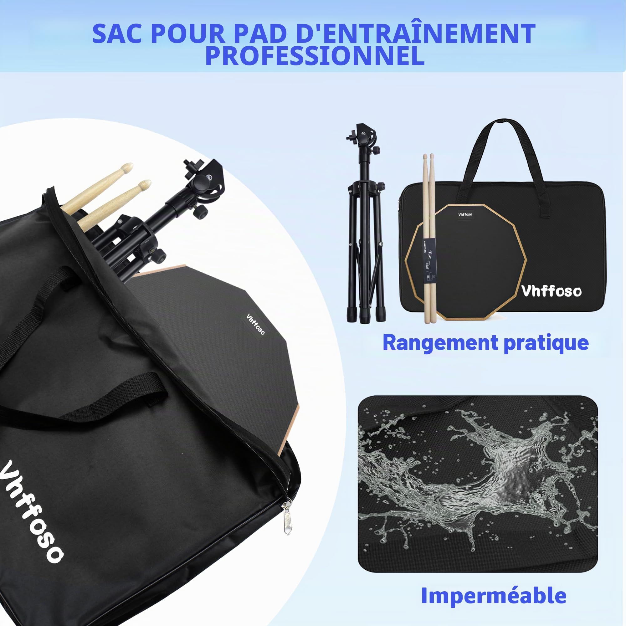 Ensemble de tapis d'entraînement pour batterie de 12" (50-80 cm) avec support, bandeau et sac de rangement - Noir