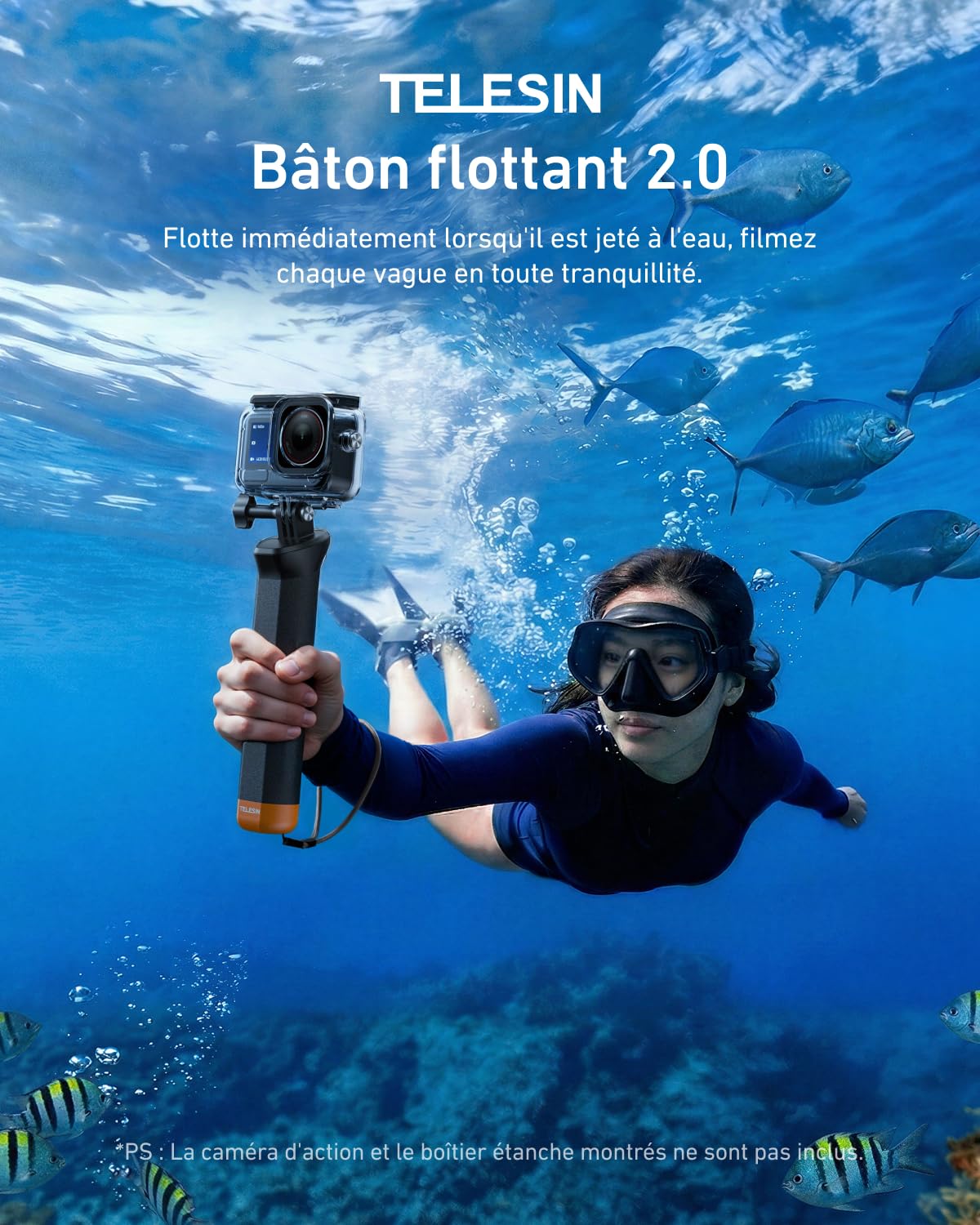 TELESIN Poignée Flottante 2.0 pour DJI Osmo Action 5 Pro/4/3, Bâton Selfie Étanche sous l’Eau, Compatible avec GoPro Hero 13 et Insta360 Caméras Action