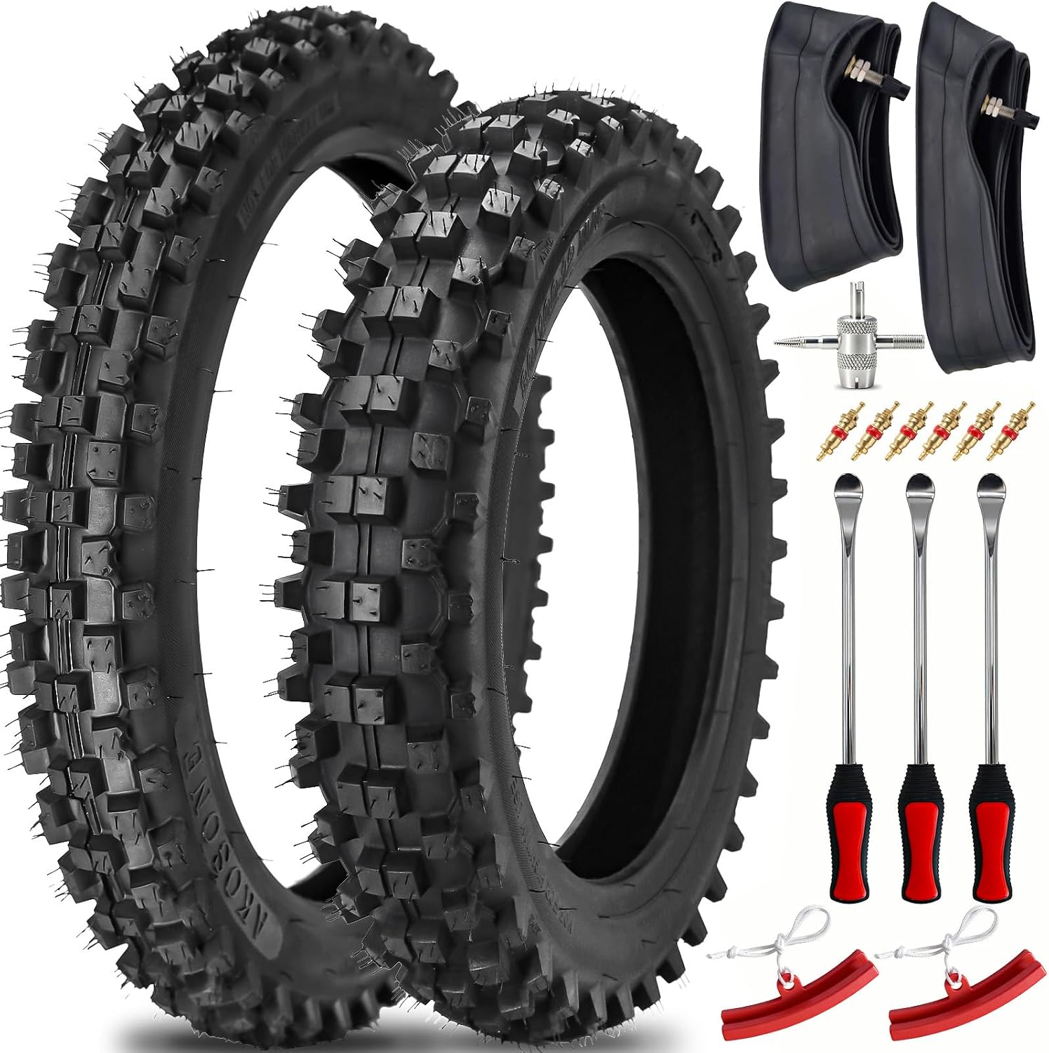 3.00-12 80/100-12 Rear+ 2.50-14 60/100-14 Front Dirt Bike Tire and Inner Tube Set with Tire Replacement Tool Kit for 110cc 125cc Pit Dirt Bike Off Road Motorcycle