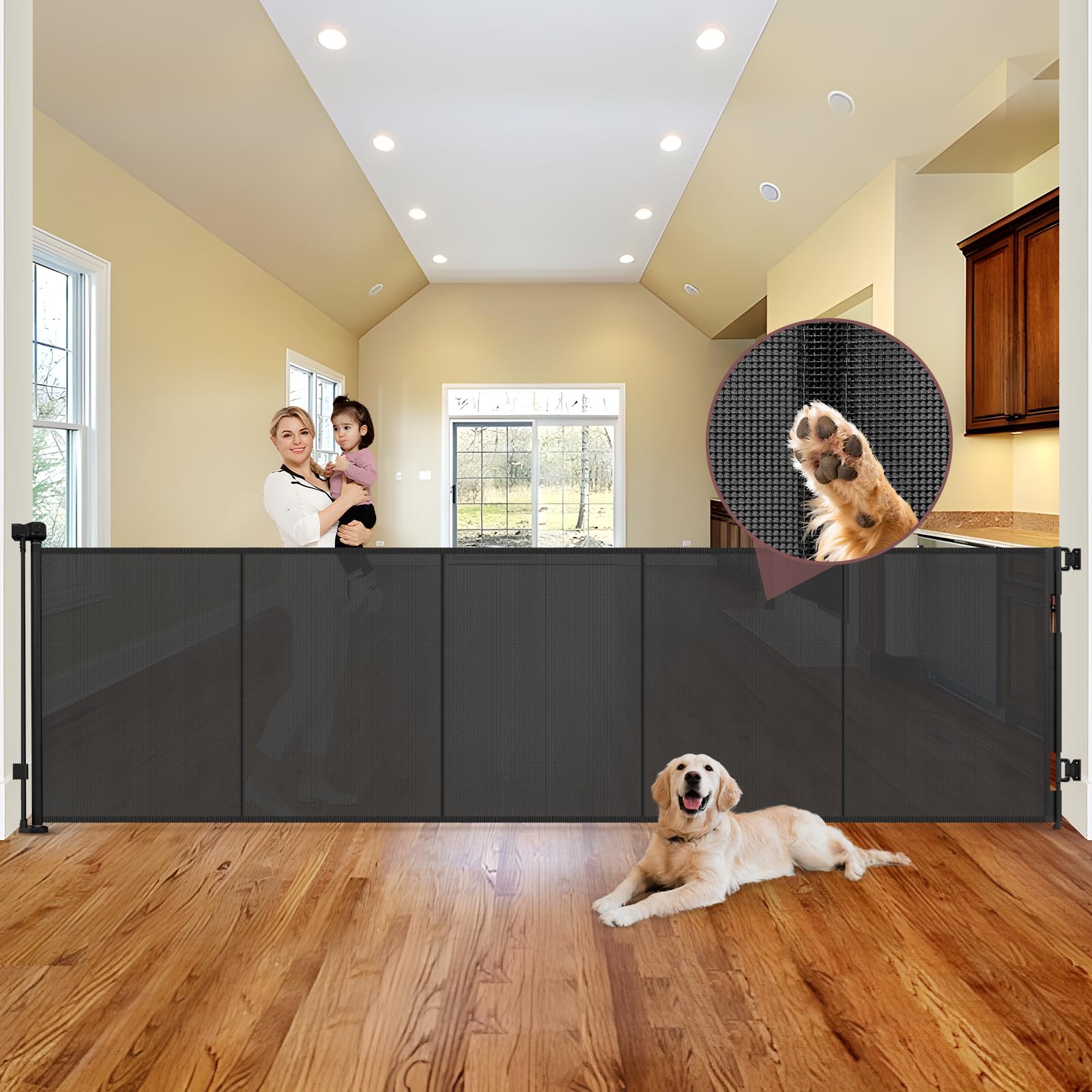 Reinforced 41" Tall × 120" Extra Wide Retractable Baby Gate with Support Rods, Indoor Extra Long Baby Gate Retractable Dog Gate Outdoor Retractable