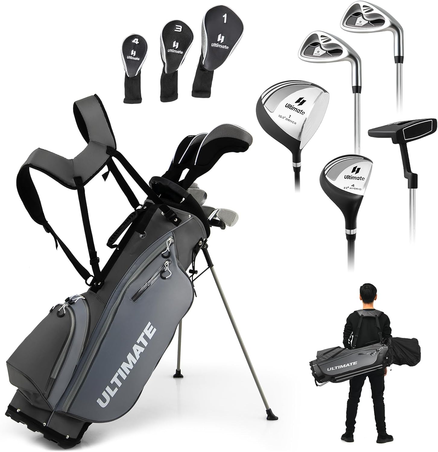 ULTIMATE Men's Golf Club Set, 9-10-Pieces Complete Golf Clubs Set for Men w/ #1 Driver, #3 Fairway Wood, #4 Hybrid w/ 3 Headcovers, #6/#7/#8/#9 Irons, Pitching Wedge, Putter