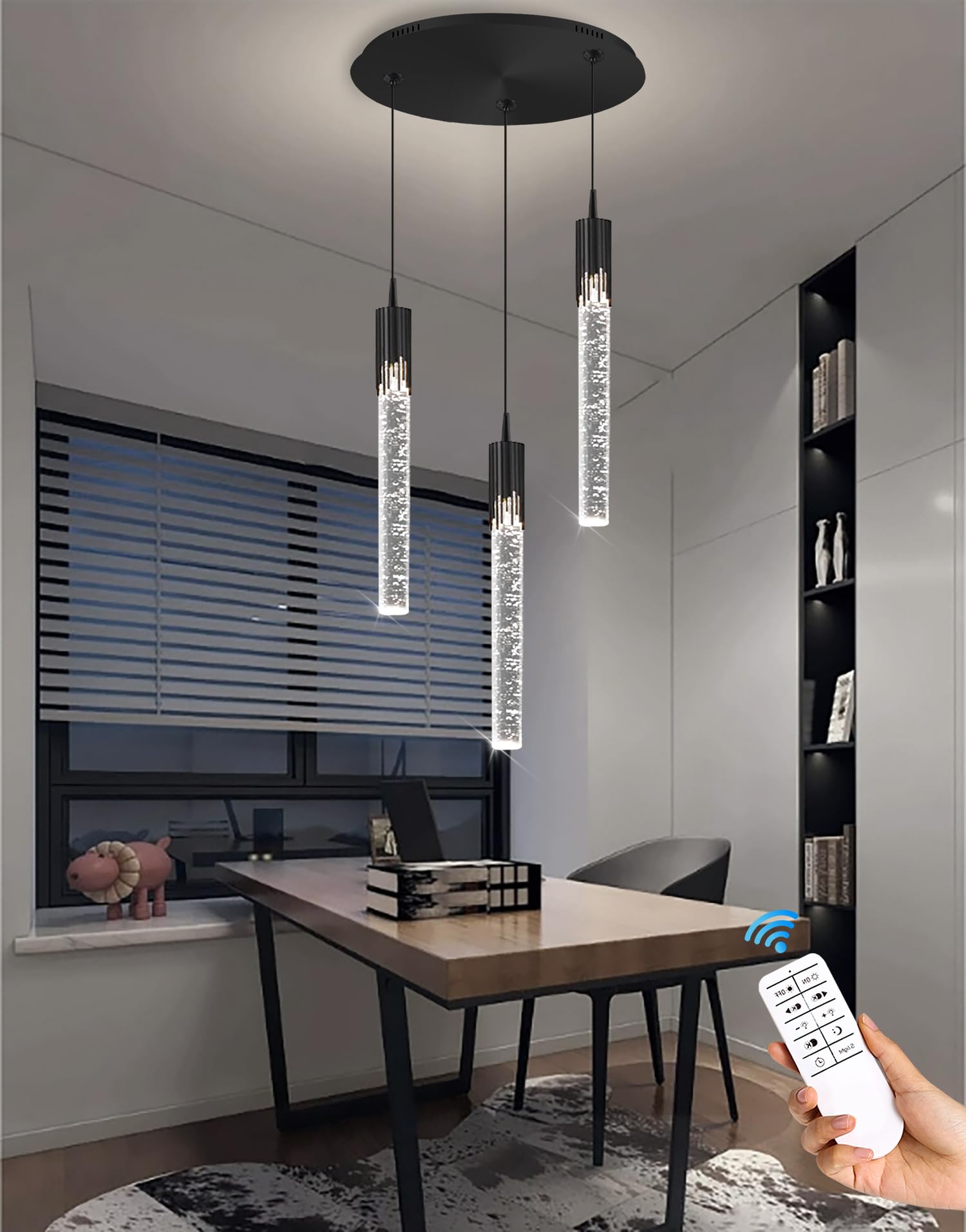 Lámpara de araña Mini Moderna Negra de 3 Luces | Lámpara Colgante LED de Cristal Regulable para Isla de Cocina, Comedor, Dormitorio, 2700K-6000K