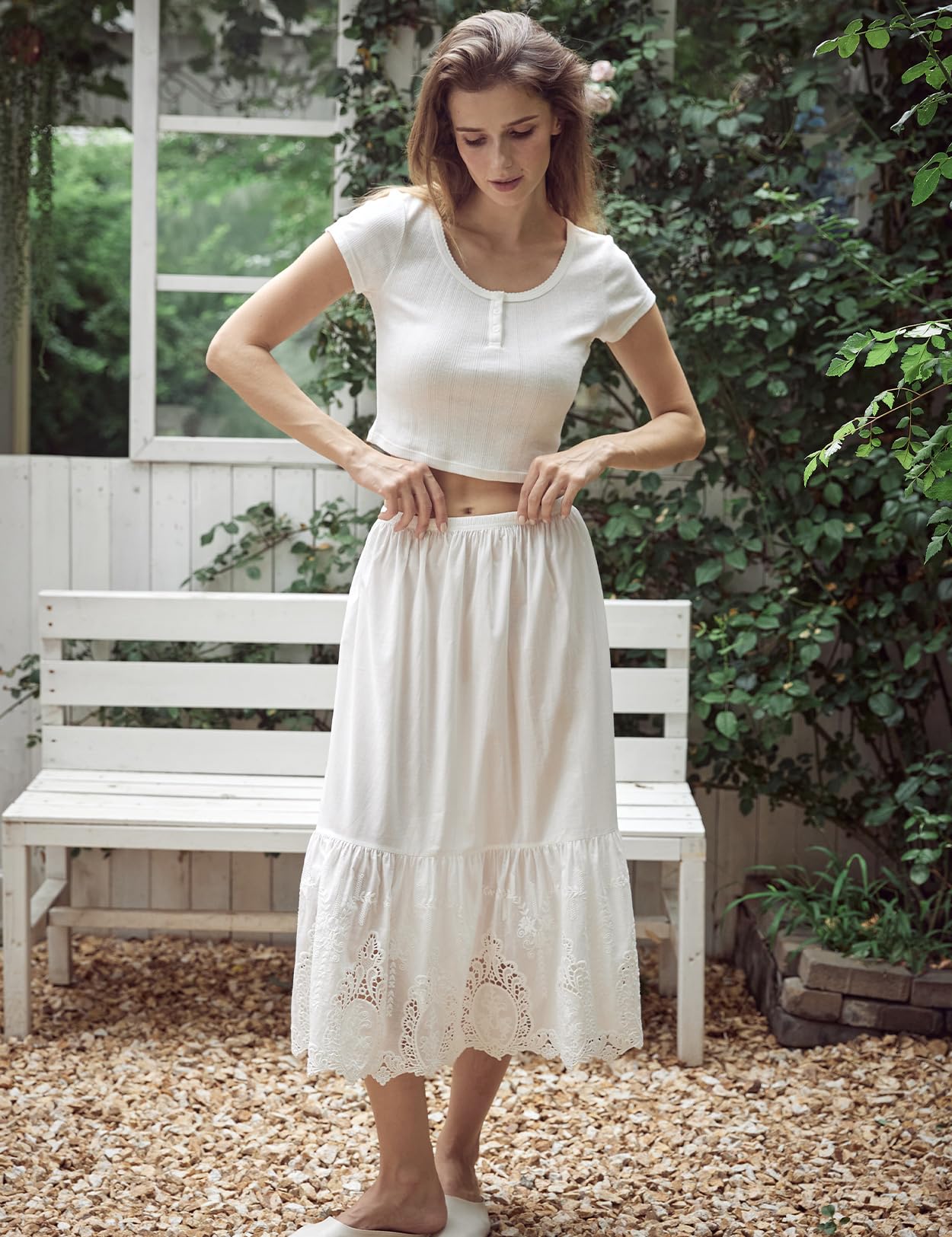 BEAUTELICATE Femme Jupon en Pur Coton sous Jupe sous Robe avec Dentelle Volants Ajourée Fond De Jupe Léger Frais De Été Printemps Midi Longue Blanc cassé