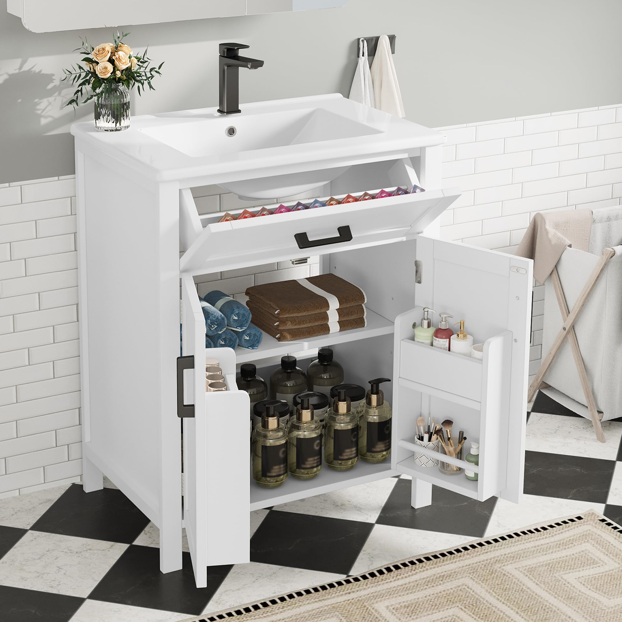 BTM Waschtisch Stehend mit Unterschrank 60cm Breiter Badezimmerschrank Integriertes Waschbecken mit Schubladen Weiß