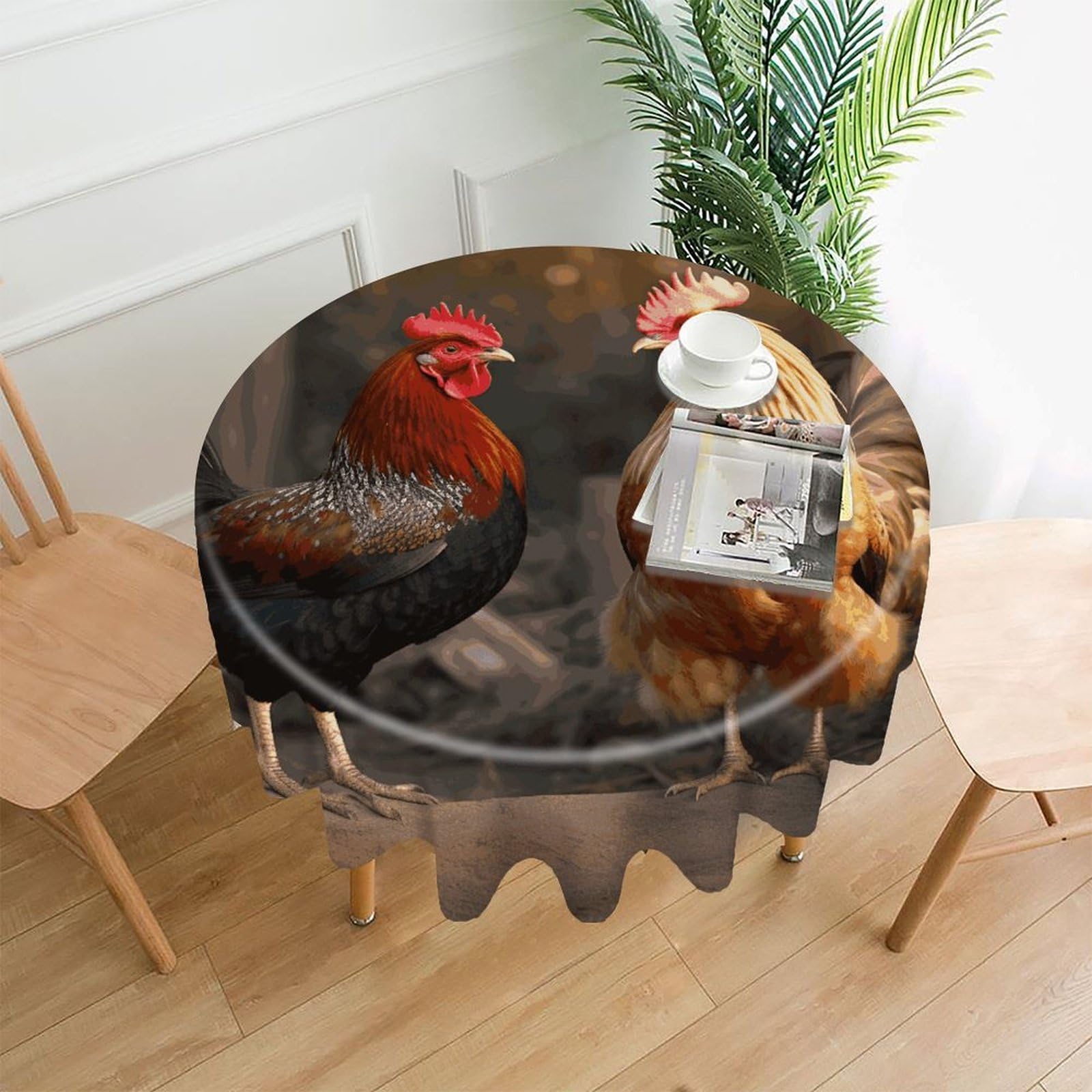 MUSM 60 Inch Rooster and Chicken Round Tablecloth Wipeable Washable Table Cover for Kitchen and Dining Room Decorative Table Cloth for Party Holiday Picnic Outdoor