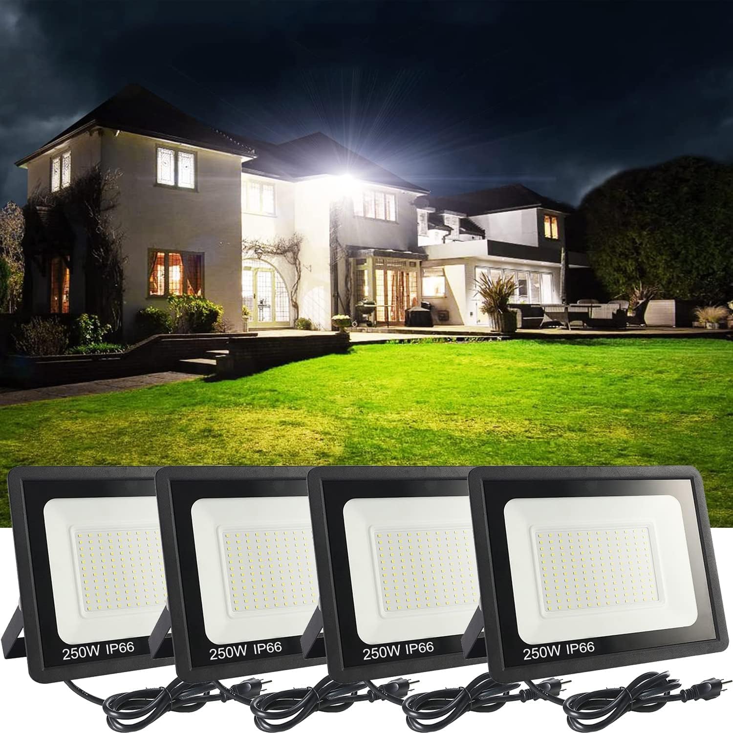 4Pack LED Flood Light Outdoor,250W LED Work Light 26500lmwith 6FT US Plug,IP66 Waterproof Exterior Security Lights,6000K Daylight White Outside Floodlights Slim Design for Playground Yard
