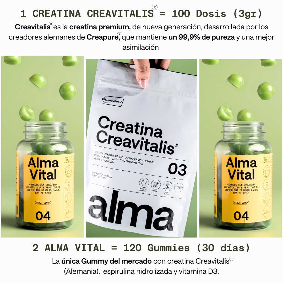 Creatina Monohidratada Creavitalis® ALMA® 300 g y 120 Gominolas de Creatina Creavitalis, Vitamina D3 y Espirulina Hidrolizada sabor limón | Versión Premium Creapure® Monohidrato en Polvo 99,9% Pureza