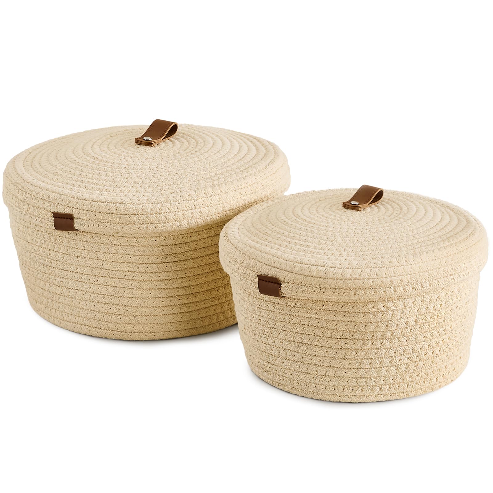 Round Storage Basket with Lids Set of 2 Cotton Rope Woven Shelf Basket Hand-Woven Decorative Storage and Organizer Bins for Home Decor and Organizing -Beige