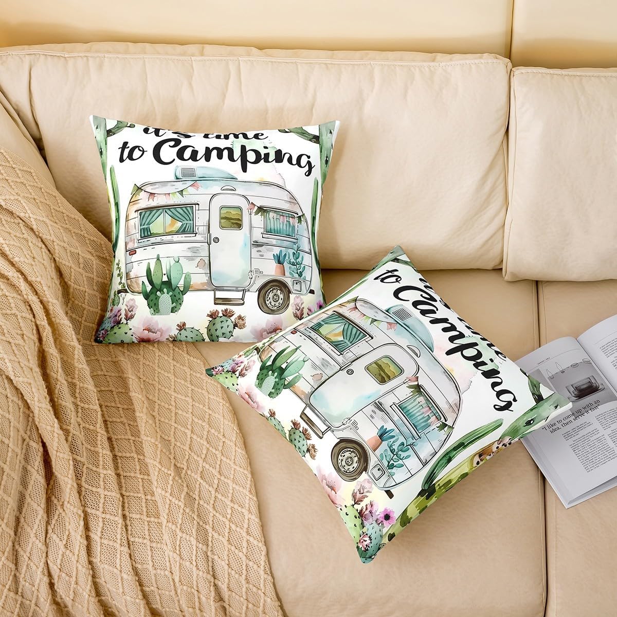 jejeloiu Kids Happy Camping Decorative Throw Pillowcases 24"x24" Set of 2 Soft RV Camping Throw Pillow Covers for Boys Girls Cartoon Camping Car Pillow Cases Cushion Covers Cushion Cases