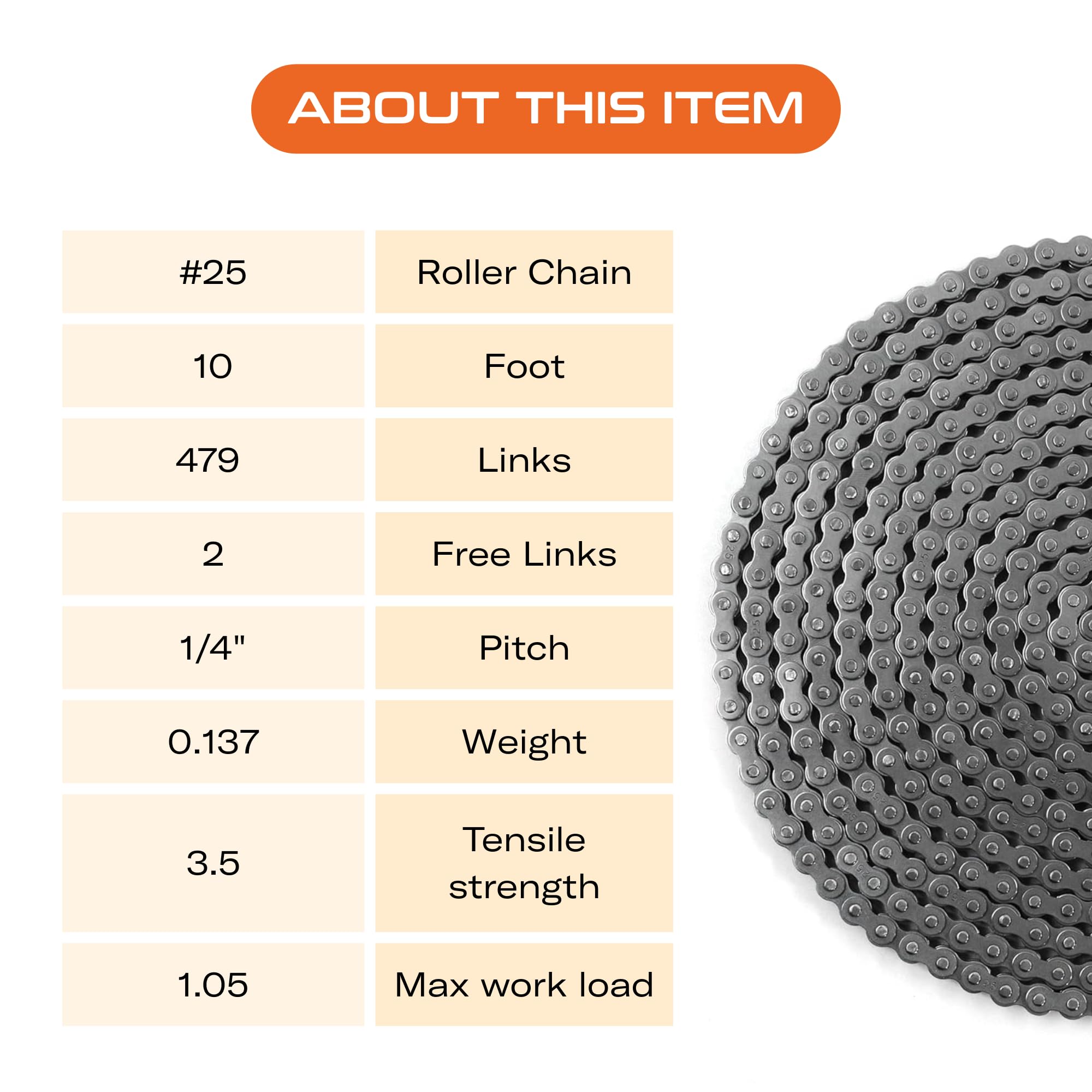 CHR #25 Roller Chain - 10FT | 479 Links + 2 Free Connecting Links | 1/4" Pitch Carbon Steel Chain | Roller Chain for Bikes, Go-Karts, Bicycles & Machinery | ISO 9001-2000 Certified — Amazon image 3