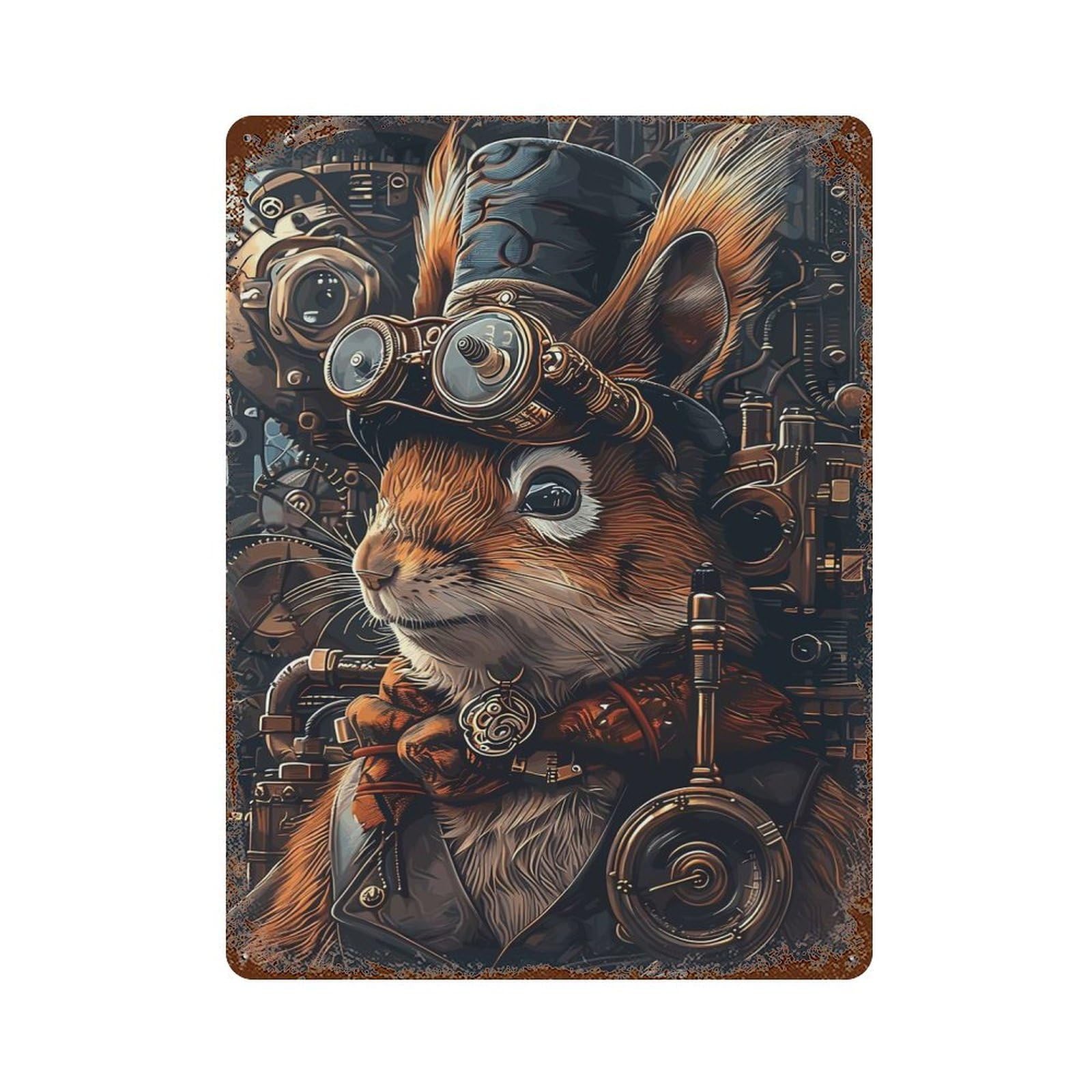 Rust Effect Steampunk Squirrel Animal Vintage Rust Metal Sign 15.7"x11.8", Rustic Home Decor for Farmhouse, Kitchen And Entryway Decor