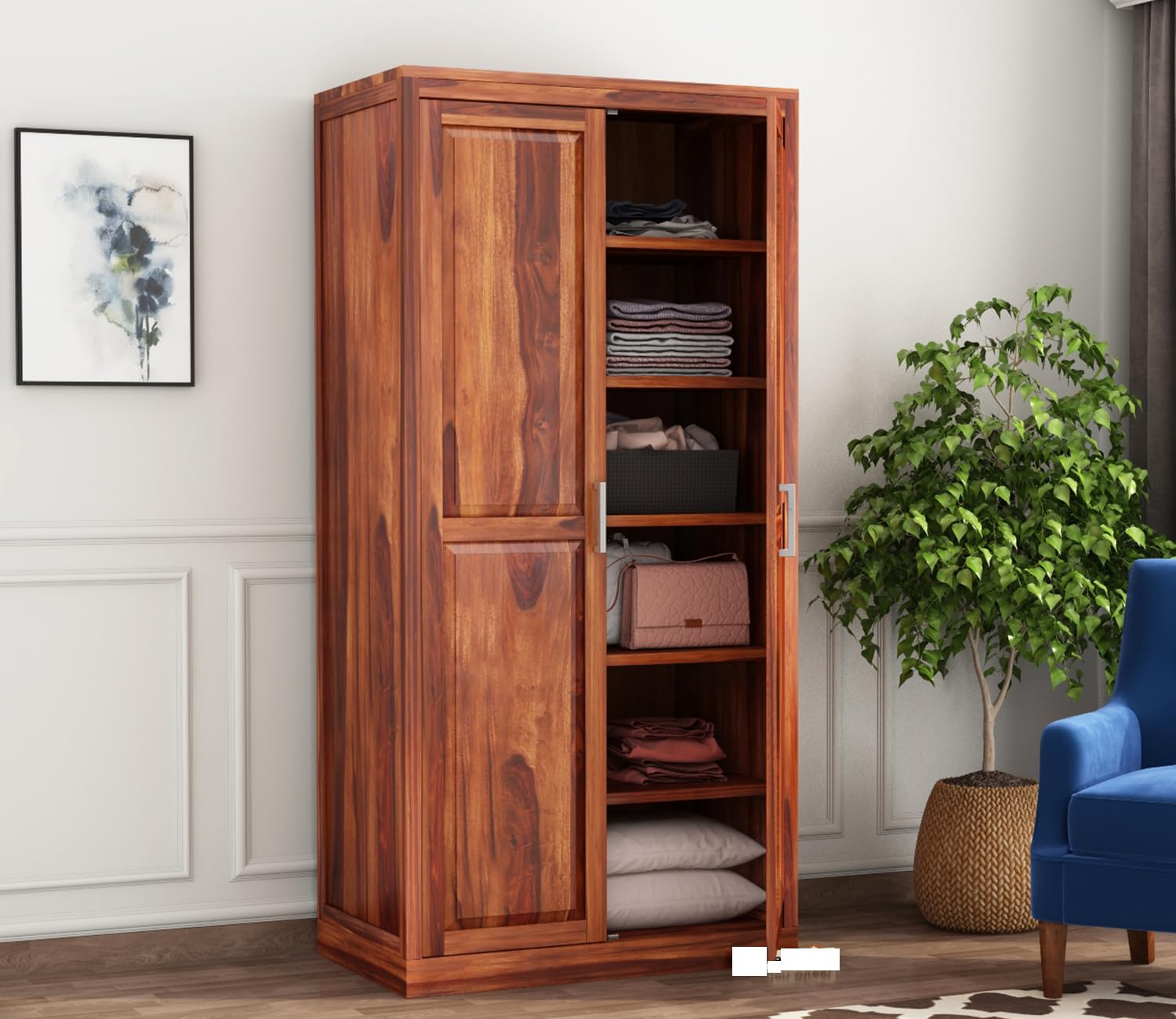 KARINA FURNITURE Wooden Wardrobe for Clothes | Sheesham Wood 2-Door Wardrobe with 6 Shelves Storage | Solid Wood Large Cupboard Almirah: Storage Cabinet for Your Living Room/Bedroom (Design 54)-image-18