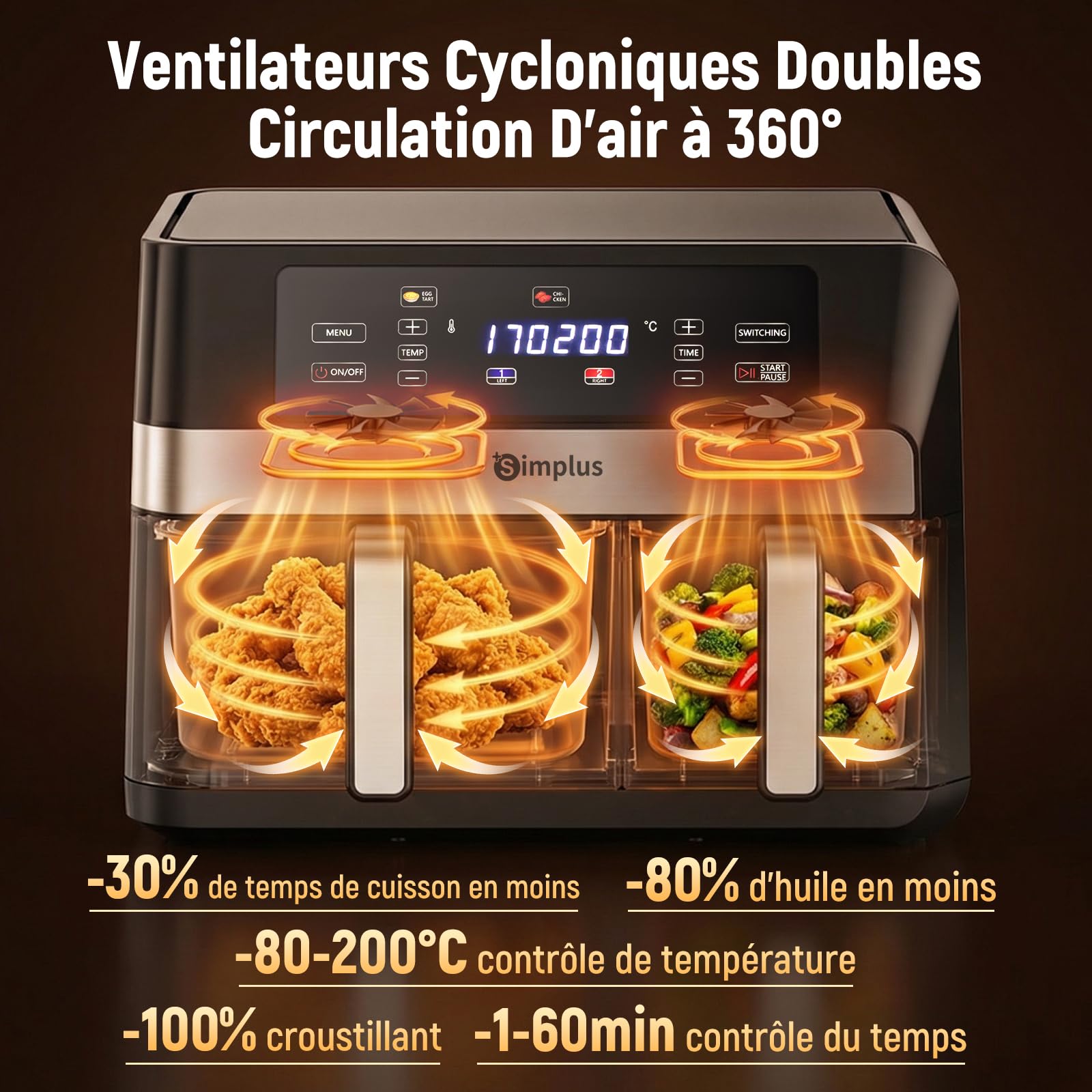 SIMPLUS Friteuse à Air Double Panier 10L, 1800W, Écran Tactile LCD, 11 Programmes, Fenêtre Visible, Four à Air Chaud avec Micro-Vapeur, Noir