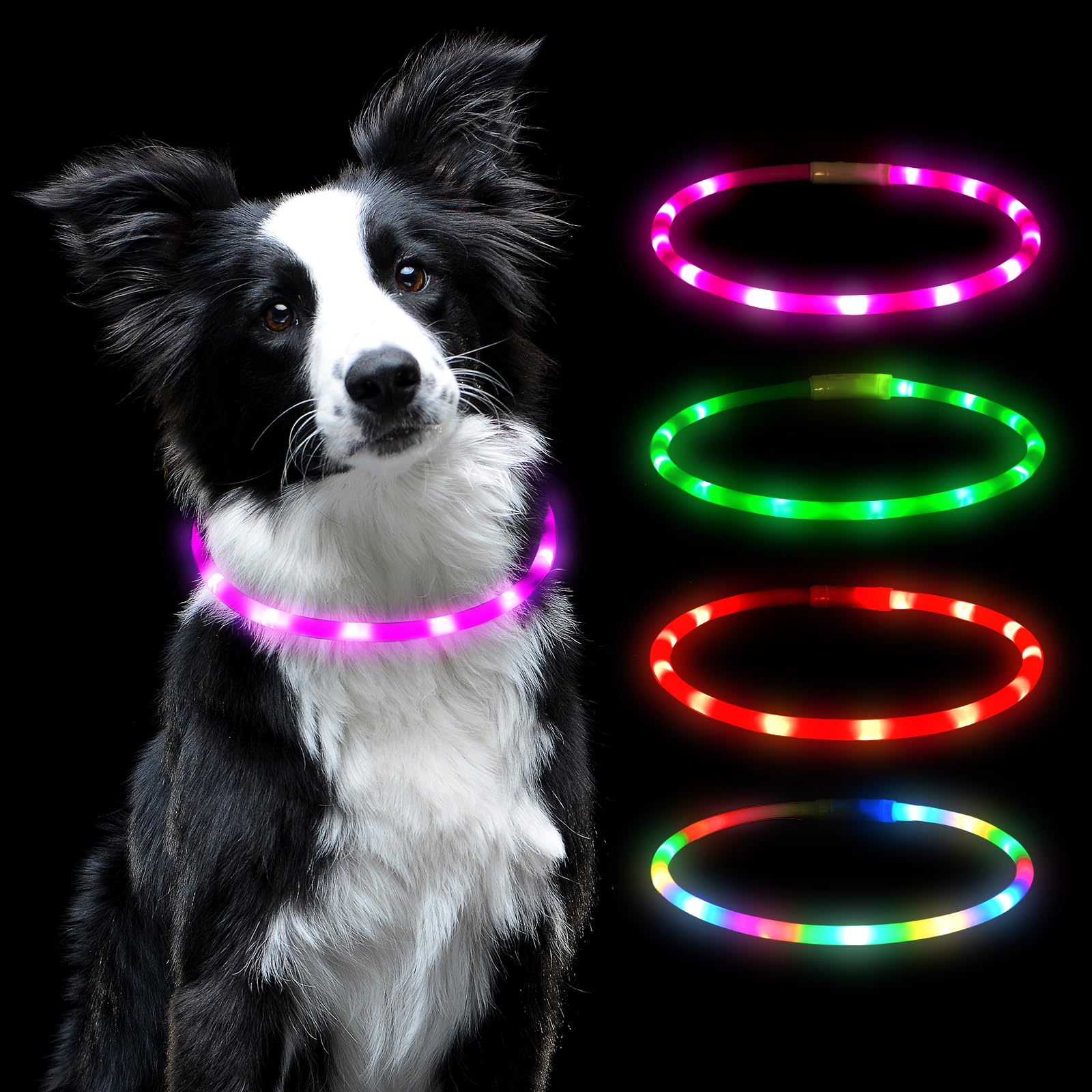 AUAUY Collare Luminoso per Cani, Collare per Animali Domestico LED Ricaricabile USB, Collare di Lunghezza Regolabile con 4 modalità Luminose per Cani di Taglia Piccola Media Grande - Rosa
