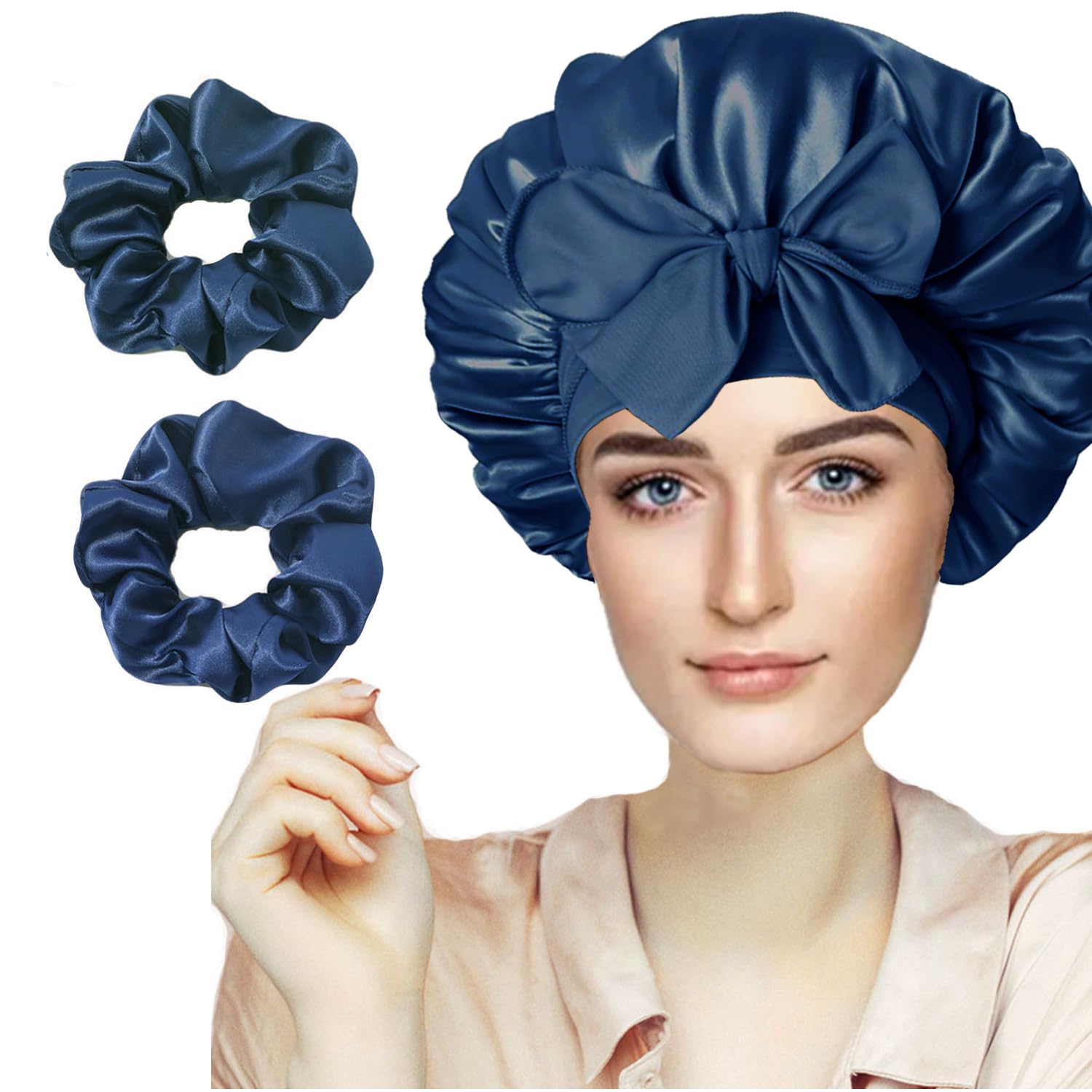 FZHGVML Silk Hair Bonnet for Sleeping with Tie, Double-Sided Satin Silk Bonnet for Women & Girls Curly Hair Care, Adjustable Wide Elastic Band Sleep Cap Hair Wrap for Sleeping with 2 Scrunchies