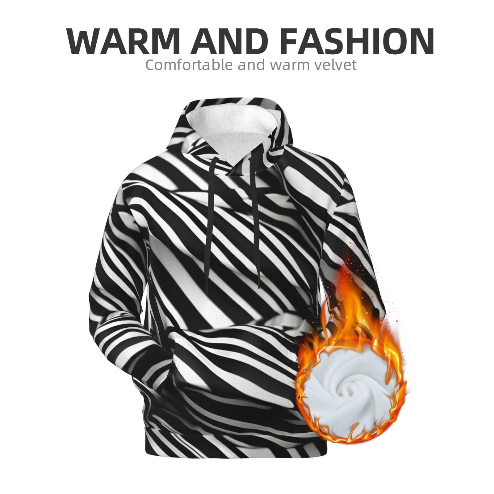 Męska bluza z kapturem w czarne białe paski, casualowa grafika z nadrukiem bluzy z kapturem z kieszenią