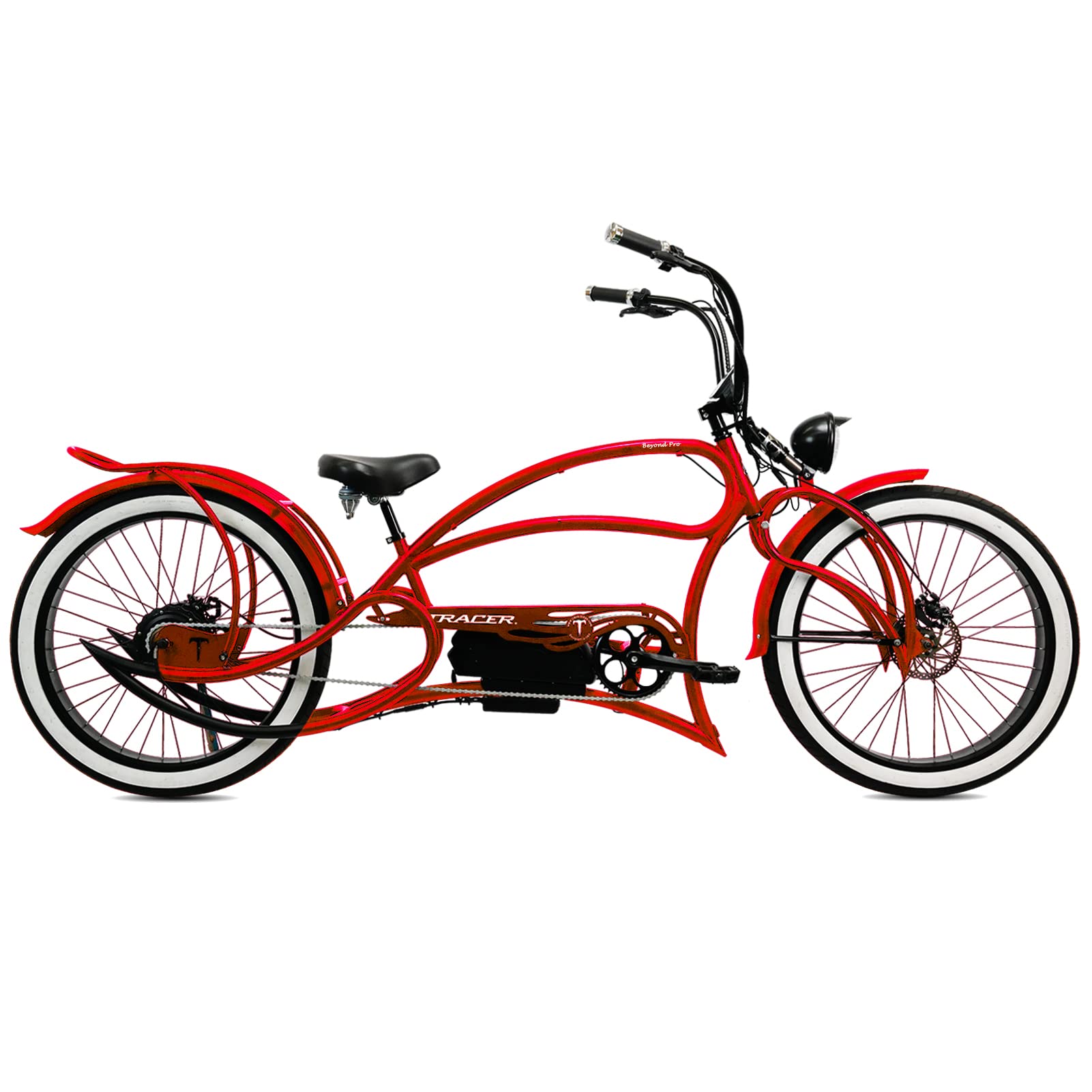 Tracer Beyond Pro 26'' Classic Stretch Chopper EBike with Spring Suspension Classical Fork, disc Brake and hi-Rise Steel Handlebar (Red)