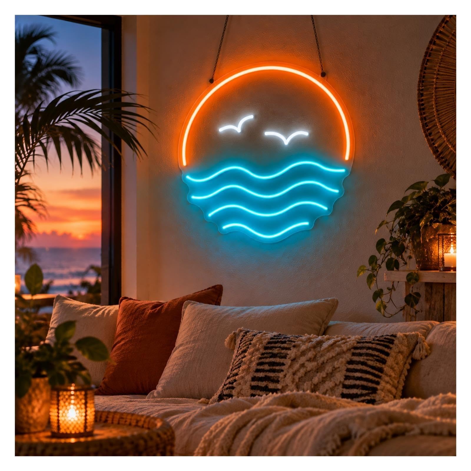 Insegna al Neon Insegna Al Neon Dei Gabbiani Dell'oceano Di Tramonto