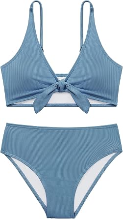 Girls Swimsuits Teen Girls Two Piece Bikini Set Kids Knot Front V Neck Bathing Suit Girls Swimwear Beachwear