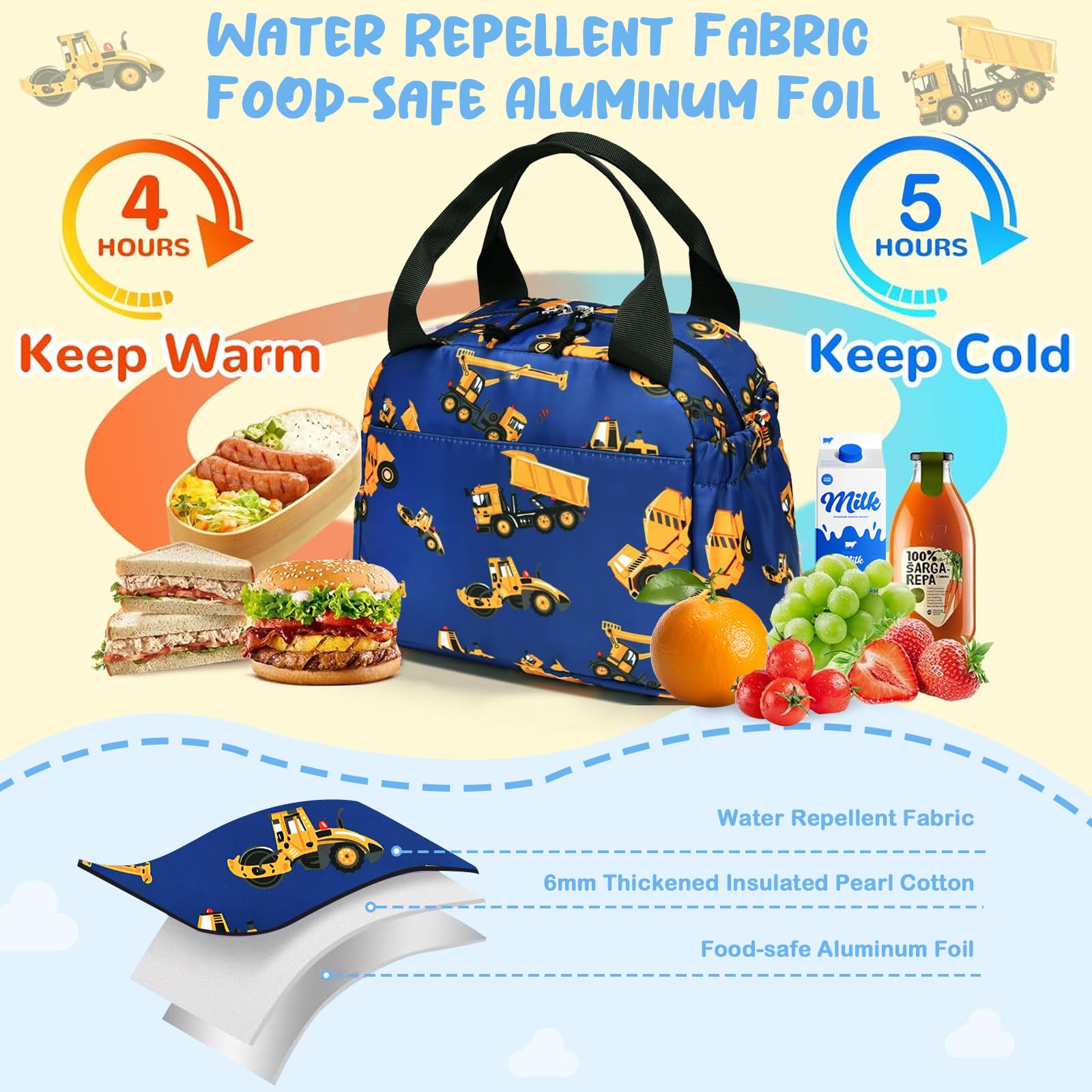 Lonchera térmica para niños, grande, reutilizable, a prueba de fugas, para niños, niñas, escuela, viajes, picnic (coche de ingeniería) azul