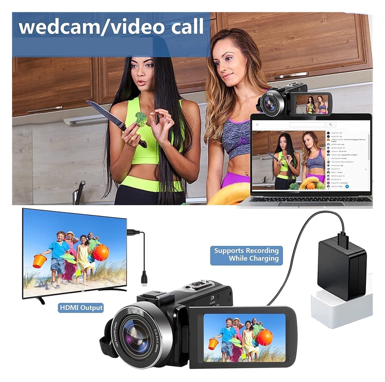 Videocámara 4K 48MP Luz de Relleno incorporada Pantalla táctil Vlogging for grabadora Cámara Digital(64 G SD Card,AF1 Mic Lens)