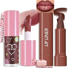 Lip Kit - Brown Lip Liner and Gloss Set, Matte Plumping Lip Pencil Moisturizing Lightweight Plum Cherry Lips Tint Stain, High Shine Long Lasting Smooth Buildable Lip Combo Set for Women Makeup