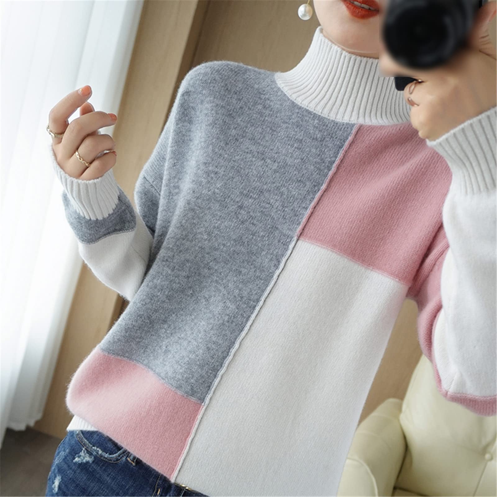 Kelsiop Maglione di cachemire Dolcevita da donna Color-Blocking 100% Lana Pullover Moda Caldo Maglia Bottoming Shirt