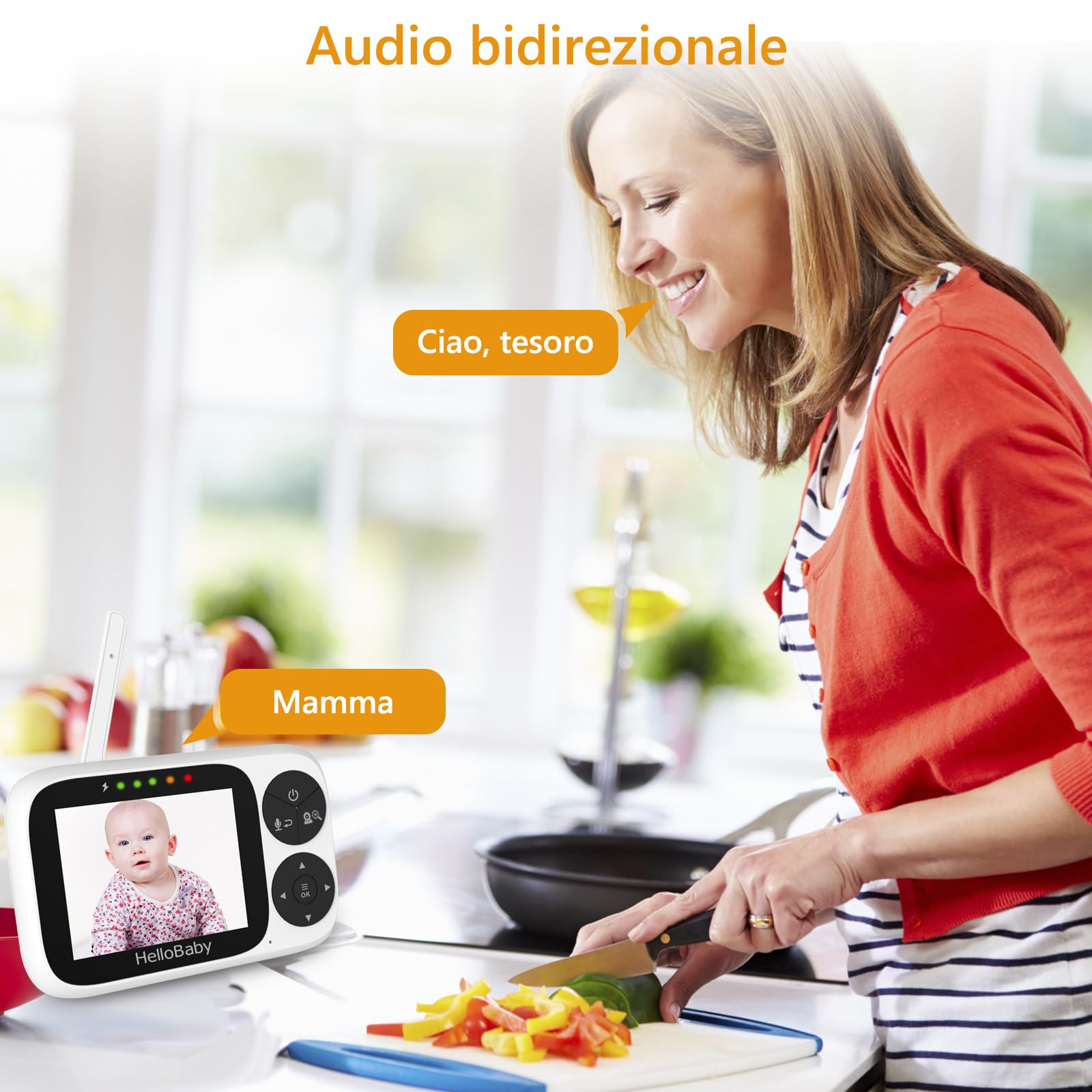 HelloBaby Baby Monitor Video e Audio telecamera bambini con monitor | Schermo IPS da 3,2", Senza WiFi, Visione Notturna, Pan-Tilt-Zoom, Allarme Ninna Nanna e Portata di 1000 Piedi