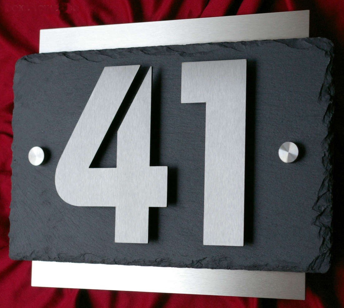 Leskow Metalldesign 3D Hausnummer aus Edelstahl und Schiefer, Individuelles Hausnummernschild, Straßenschild mit Hausnummer, Anthrazit Türschild