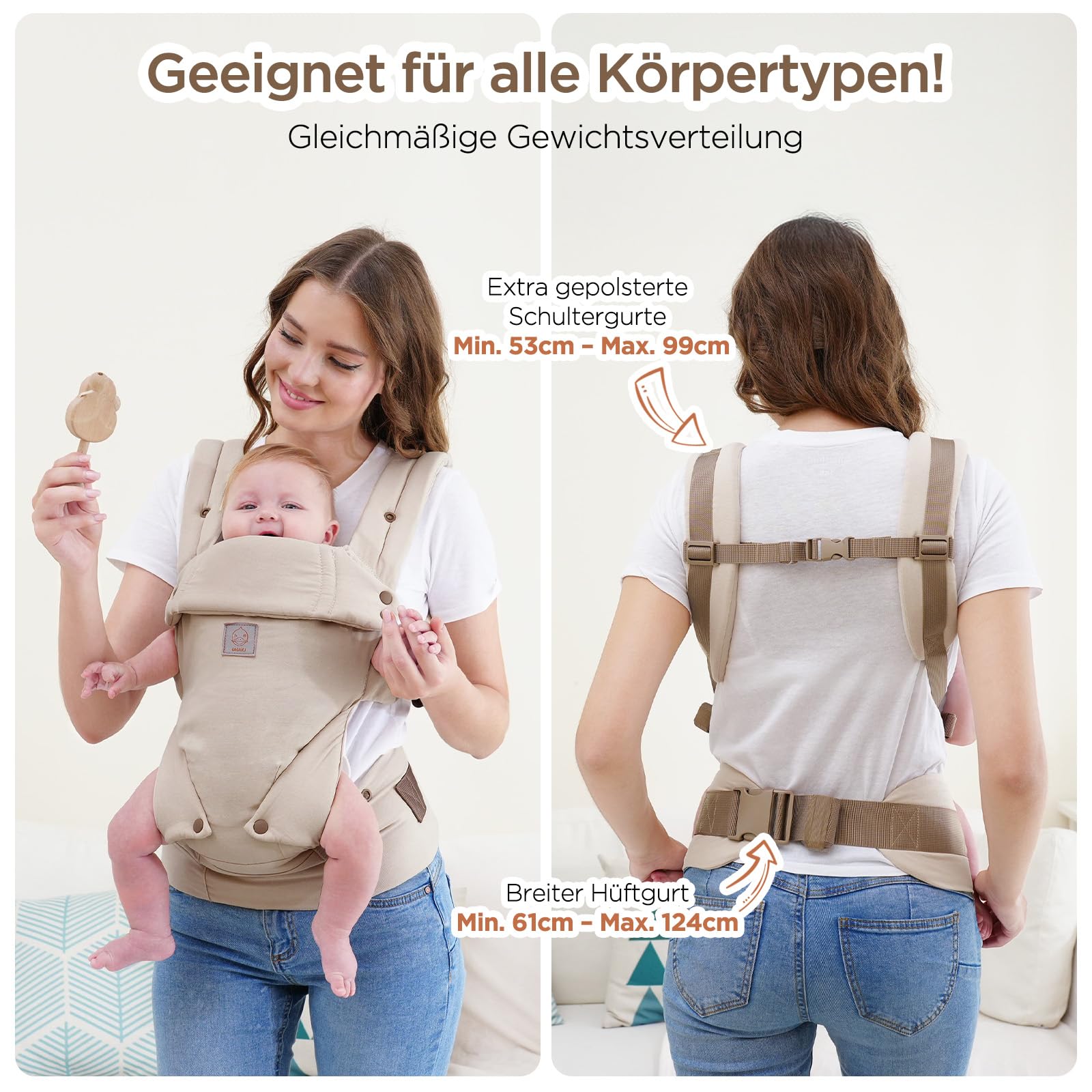 GAGAKU Babytrage für Babys Kleinkinder, Einfach zu Tragen Gesicht in Gesicht nach Vorne und Hinten Tragen, Ergonomisch Tragehilfe mit Nackenstütze, Geeignet für 3,2-15kg - Khaki - 4