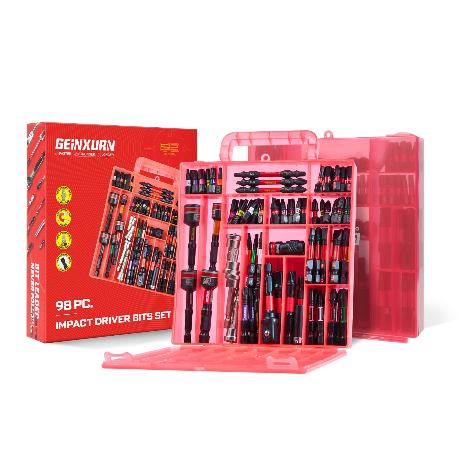 GEINXURN Jeu de 98 embouts de tournevis en acier S2 magnétique Torx/PH/PZ/SL/tête hexagonale, boîte de rangement rouge