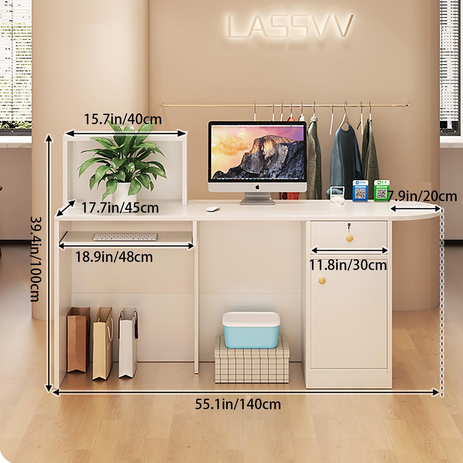 Scrivania per reception con cassetti, bancone angolare per saloni di bellezza e ufficio, postazione di lavoro per computer, reception moderna