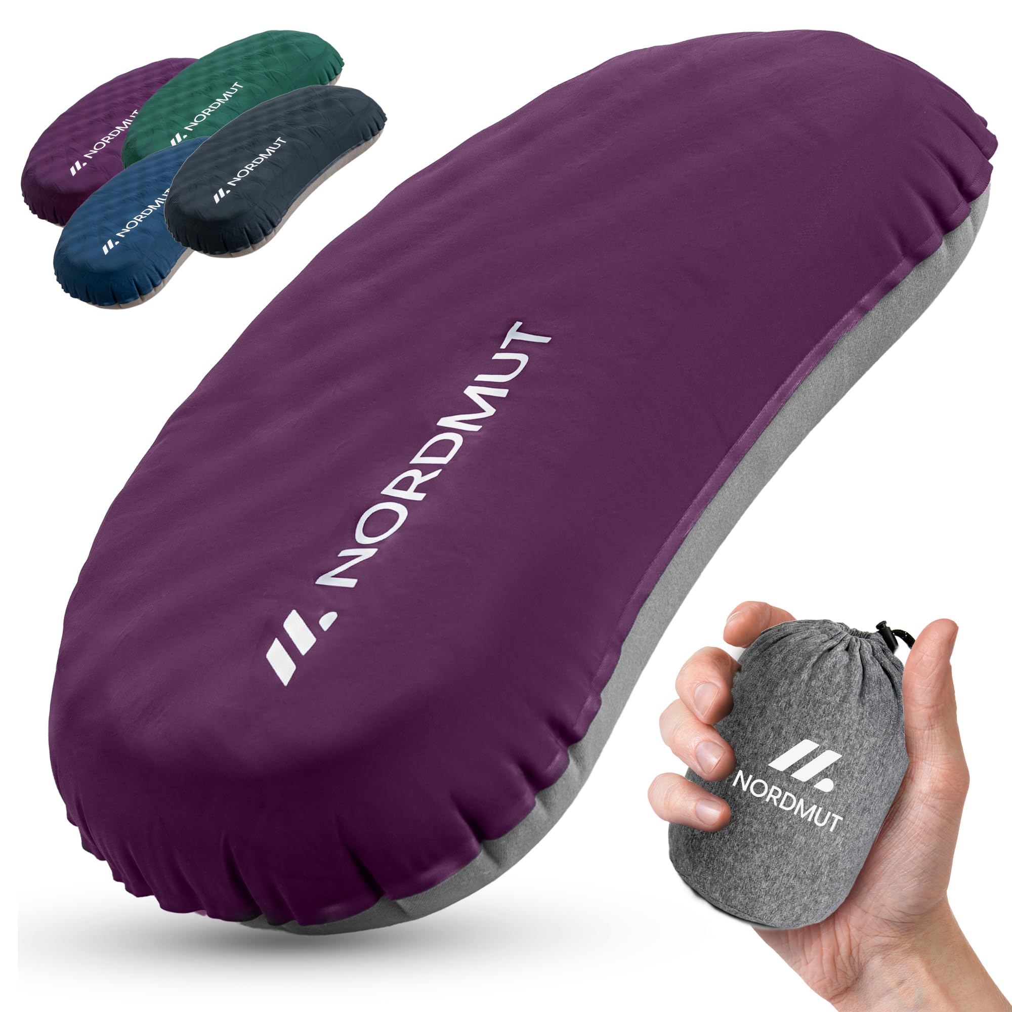 NORDMUT® Cuscino da Camping Gonfiabile [SoftSleep+] confortevole ultraleggero-piccolo ingombro – cuscino da viaggio gonfiabile con federa lavabile (Viola)