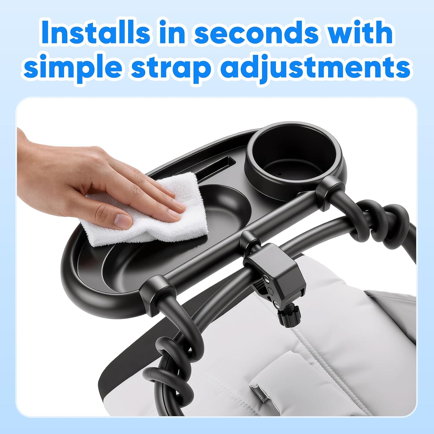 Universal Stroller Snack Tray with Cup Holder, 4 in 1 Flexible Wrap Straps Fit Round Square Oval Frames, No-Wobble Center Lock, Detachable Toddler Tray for Compatible with Uppababy Nuna Graco