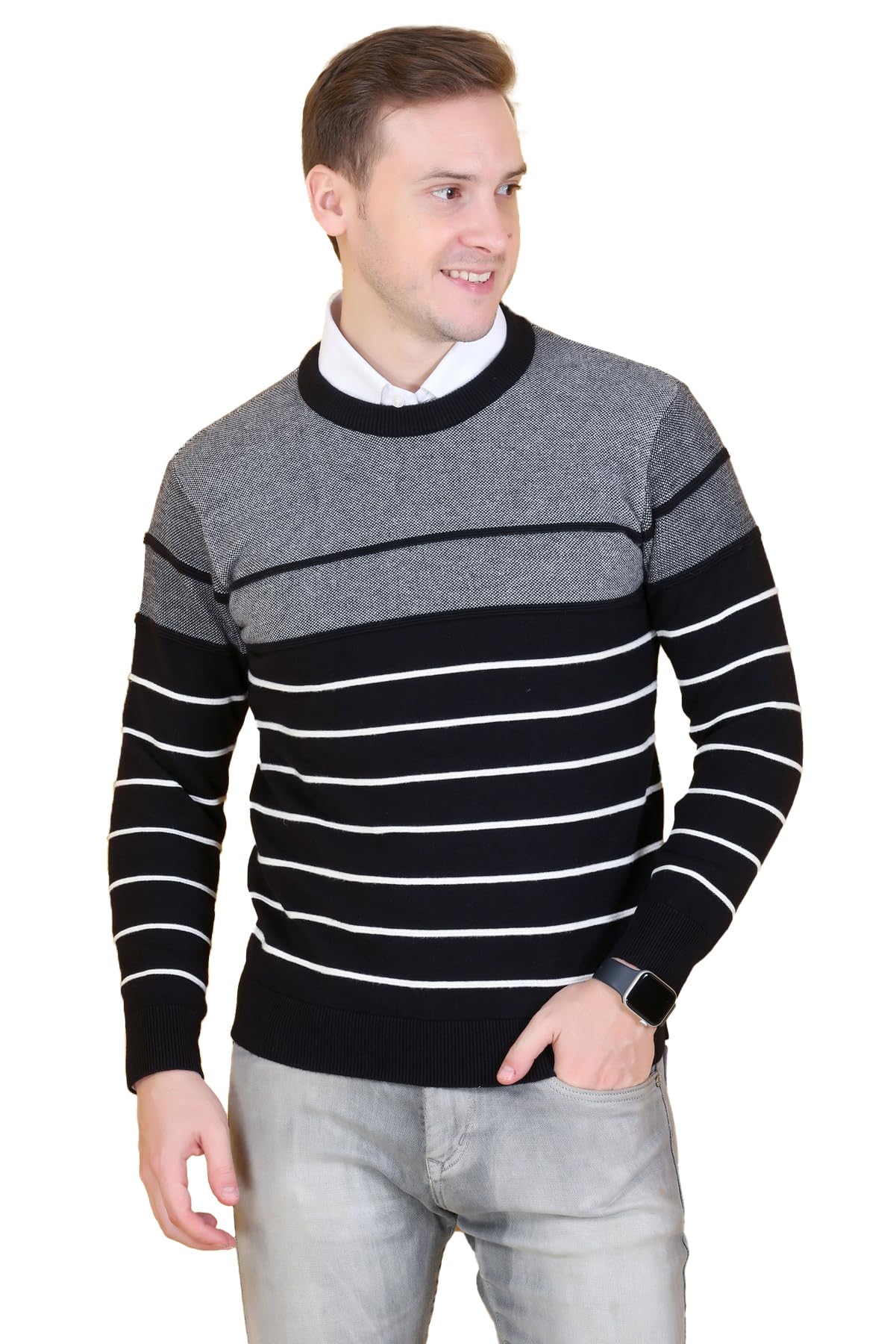 Men's Sweater's Winter Wear Round Neck Full Sleeve Striped Woolen Knitted Pullover-image-46