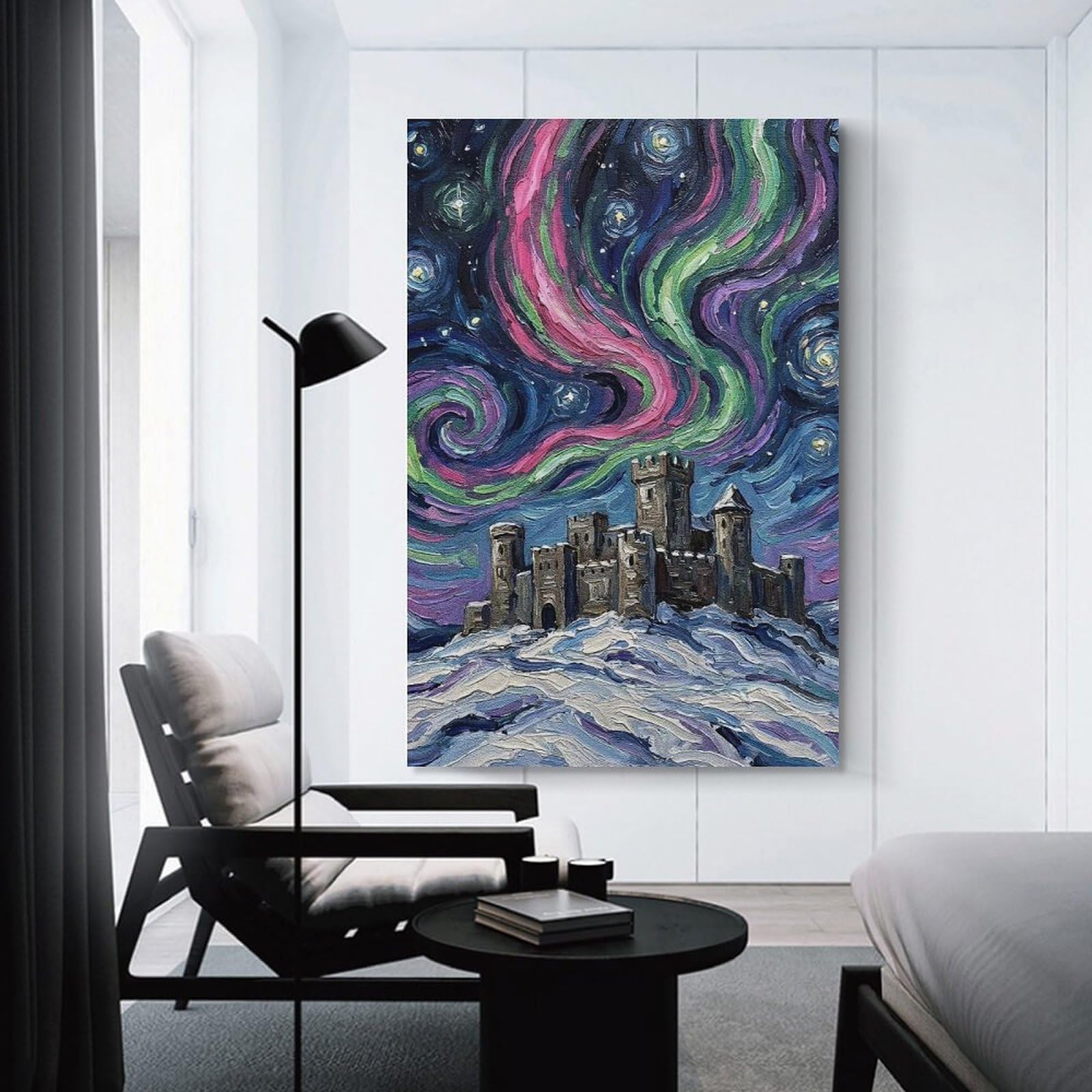 Junmoney Castle Under Aurora Borealis Painting Canvas Wall Decor 24x36inch(60x90cm), for Calm Bedrooms, Home Corners Or Flats, A Warm Accent for Relaxed Interiors