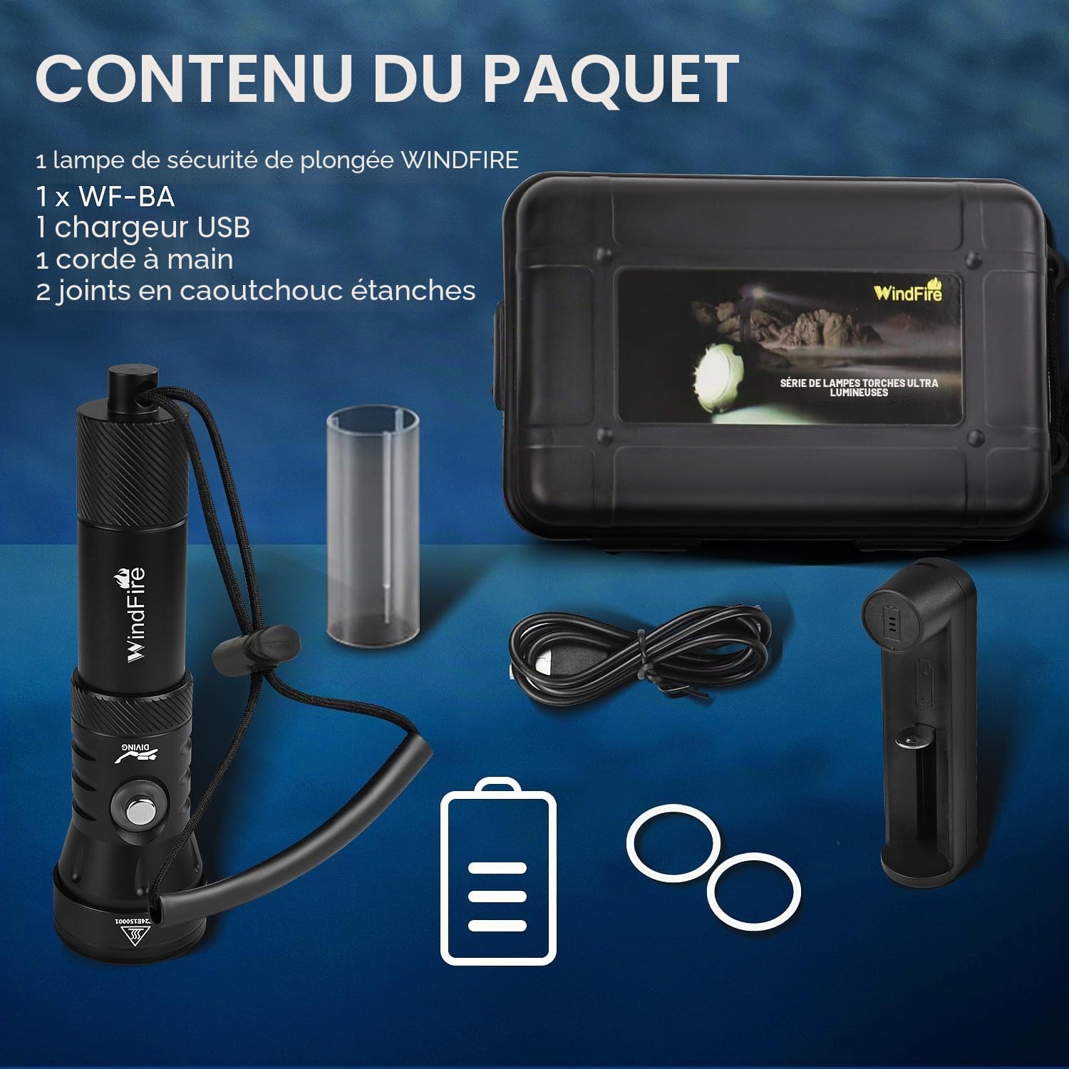 WINDFIRE Lampe de plongée 7 000 lumens lampe de poche de plongée super lumineuse 4 modes lampe de poche sous-marine avec indicateur de puissance, professionnelle lampe de plongée