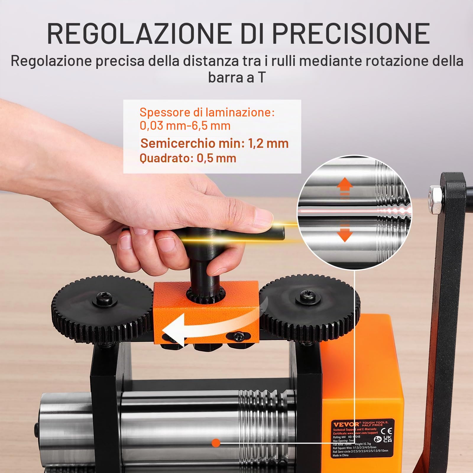 VEVOR Laminatoio per Gioielliere Larghezza 75mm, Laminatoio per Gioielli Spessore 0,03-6,5mm Rapporto di Trasmissione Regolabile 1:2 per la Lavorazione di Gioielli Lamiera Oro Argento Anello Bracciale