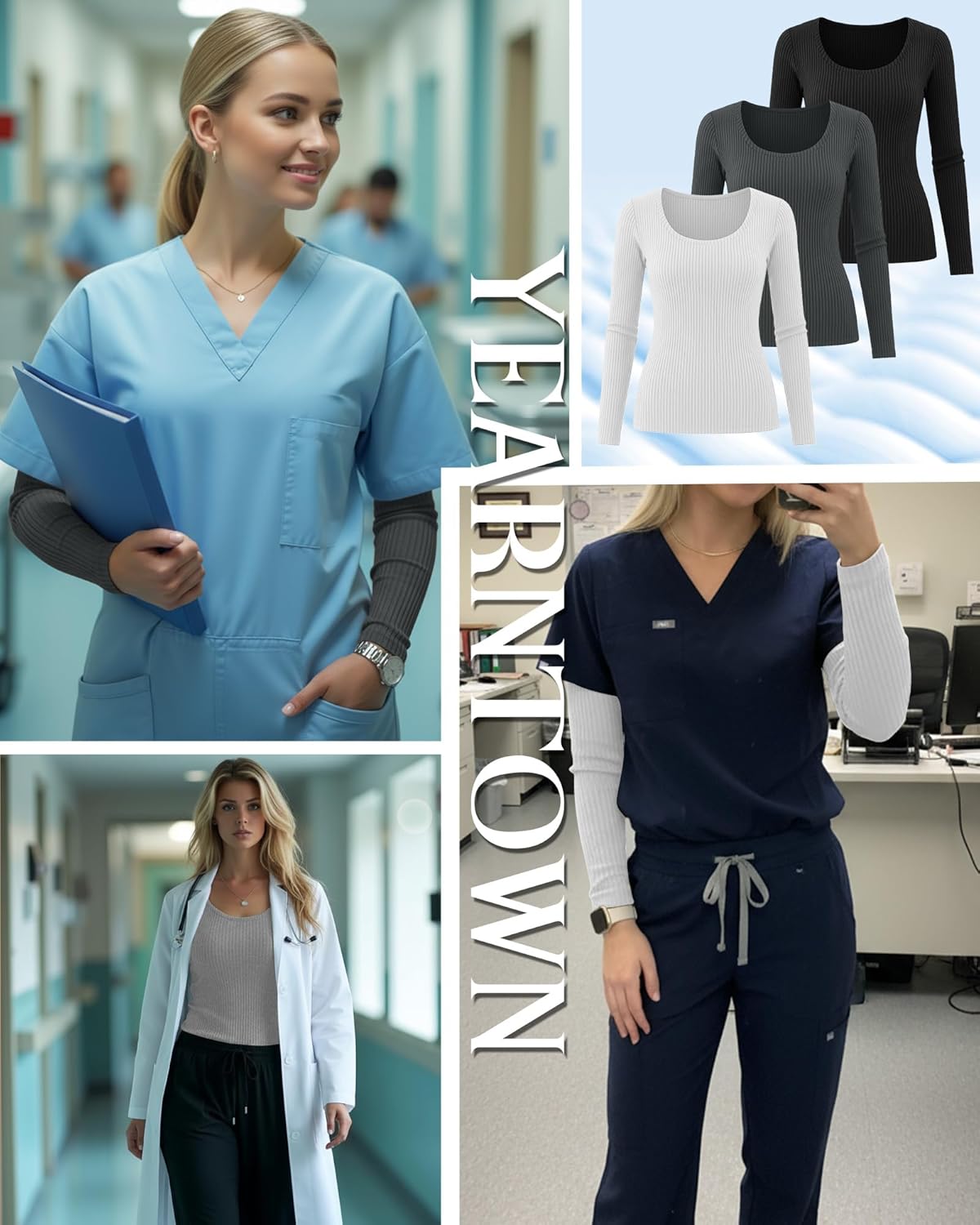 4 Pack Women’s Underscrub Shirts, Ribbed Cotton Scrub Tops Long Sleeve Scoop Neck Tees Slim Fit Basic Layer Shirts - Image 3