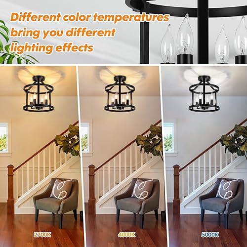 Miniatura 3 de 4-Light Farmhouse Metal Semi Flush Mount Ceiling Light Fixture, Industrial Vintage Matte Black E12 Candle Ceiling Lamp, Rustic Chandeliers for