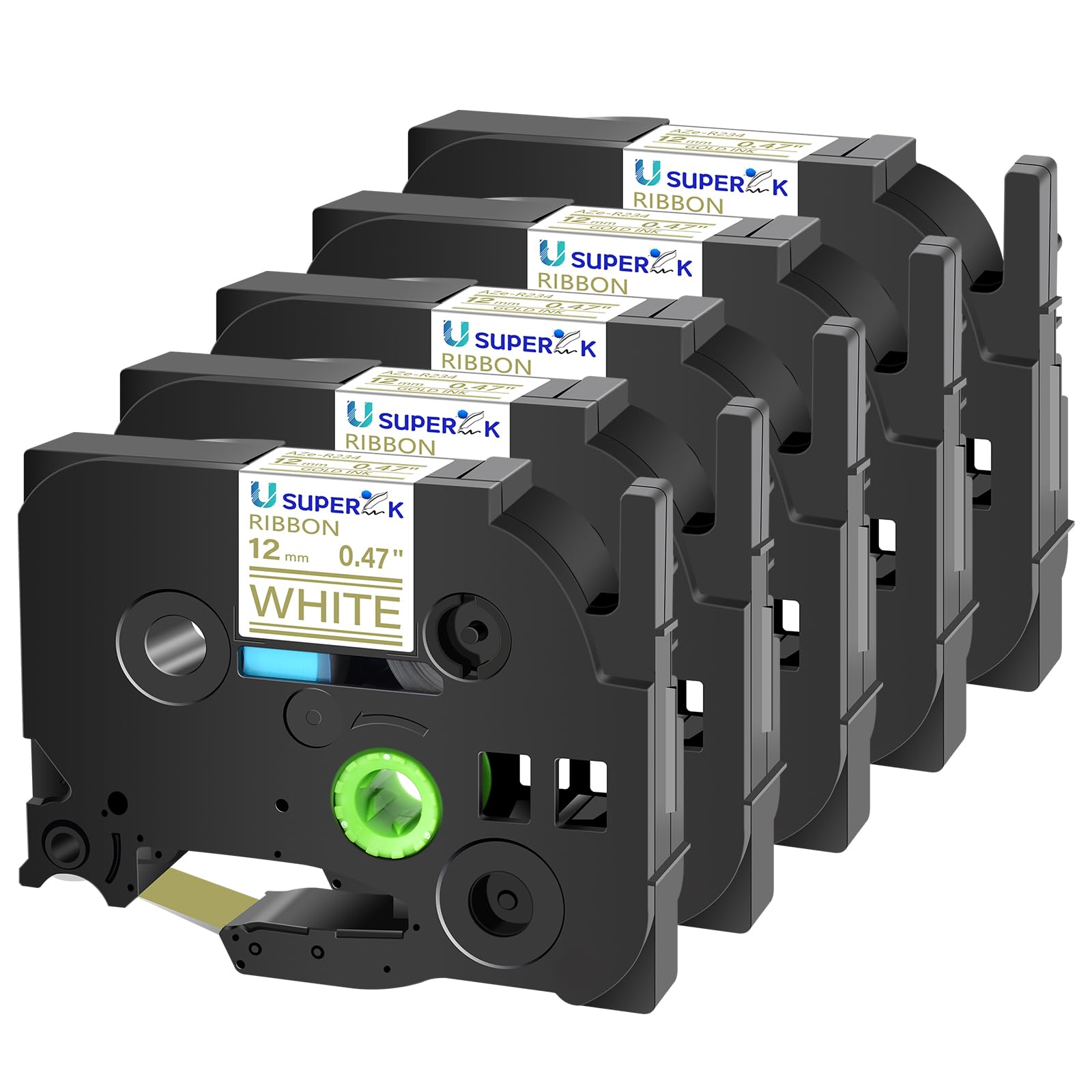 USUPERINK 5PK Compatible Label Tape Replacement for Brother P-Touch TZ-R234 TZe-R234 TZeR234 TZR234 Gold on White Satin Ribbon Embellish Fabric Tapes