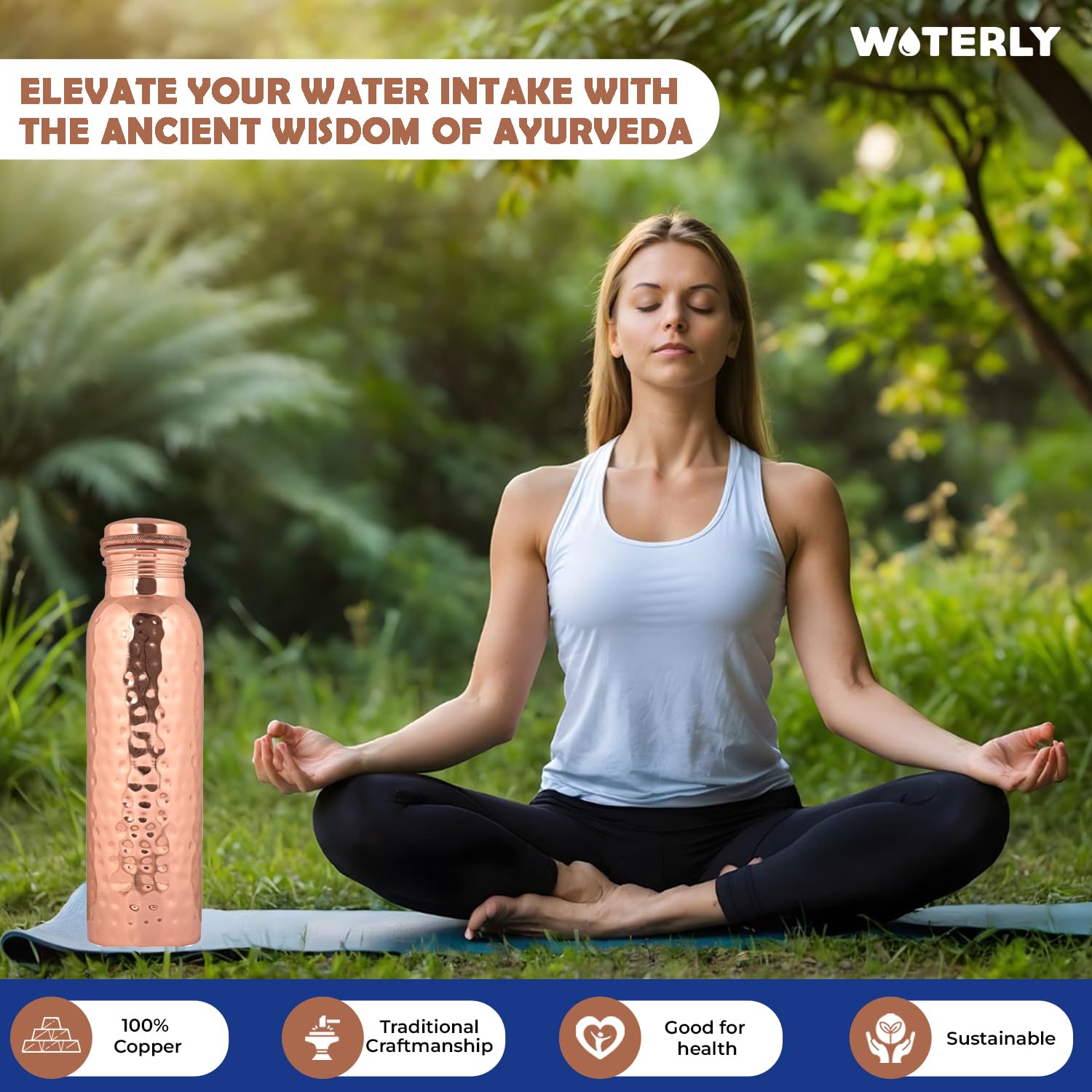 Handgefertigte Gehämmerte Kupferflasche, 1000 ml, Ayurvedische Flasche aus Reinem Kupfer, Ideal für Büro, Fitnessstudio und Geschenke, 100% Schweres Kupfermaterial