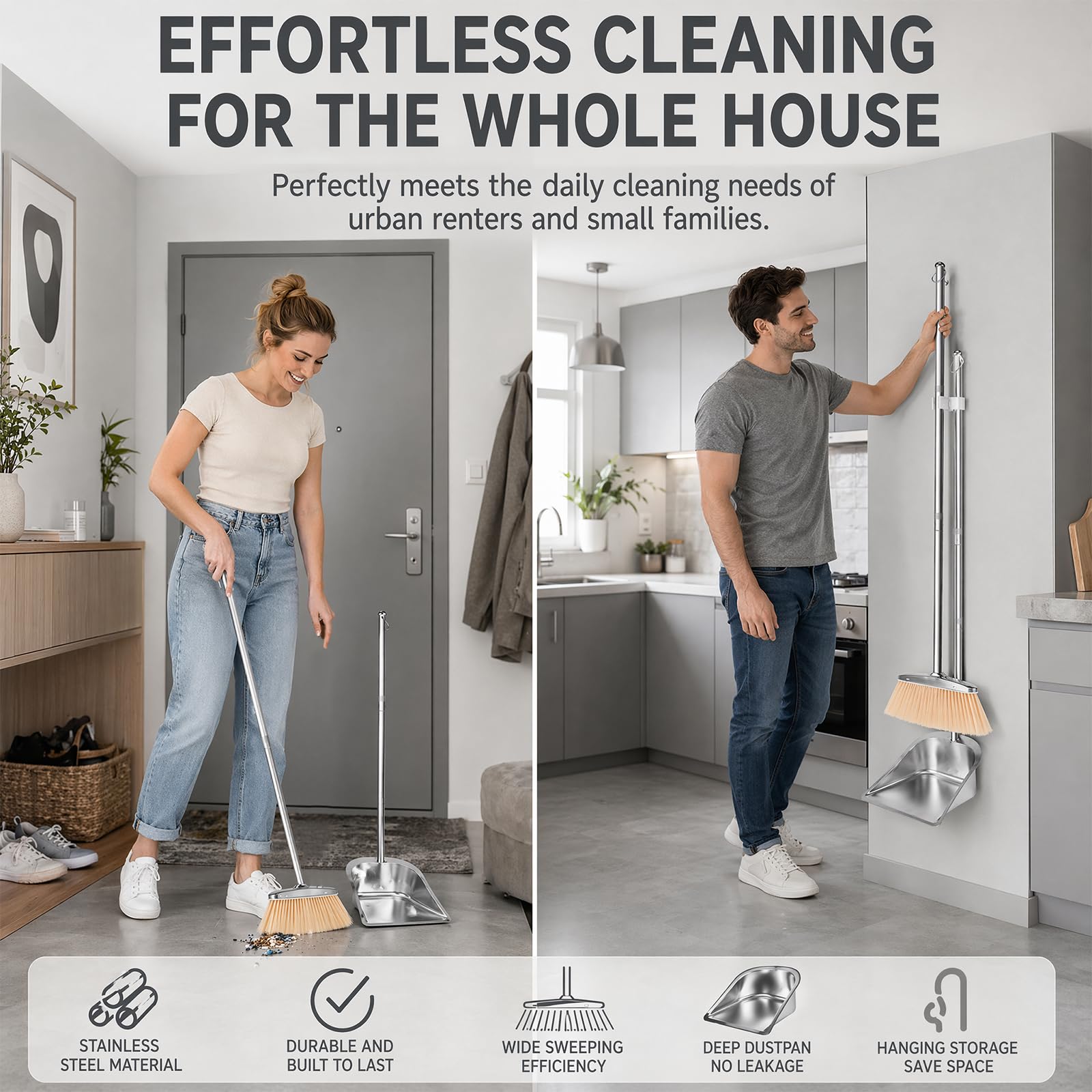 RANJIMA Juego de escoba y recogedor, 118 cm, de acero inoxidable, con pala, ajustable, de alta eficiencia, con pala para el hogar, cocina, oficina, calle