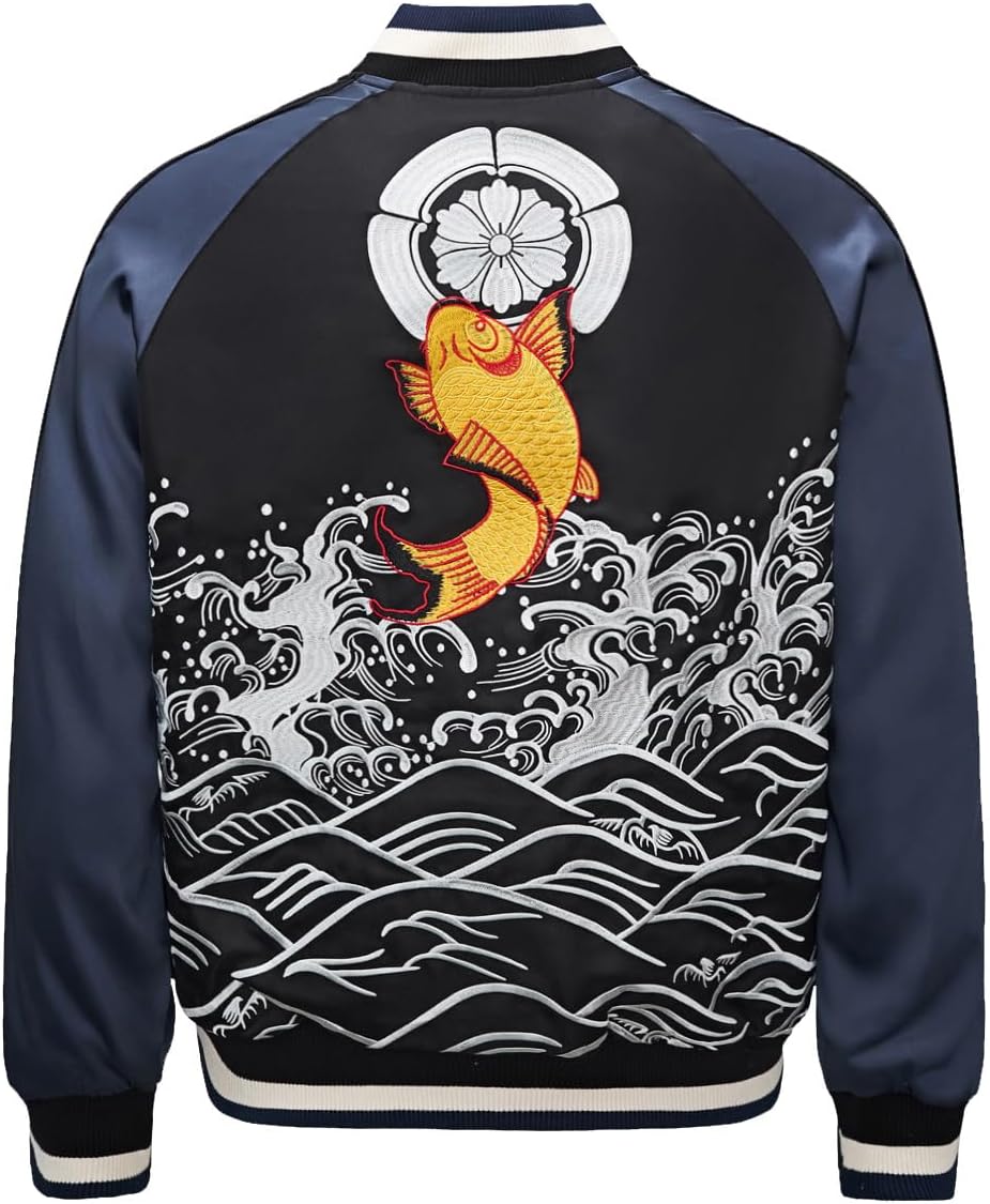 Satin Bomber Jacket Japanese Style Koi Carp Embroidery Streetwear Vintage Oversized Full-Zip Windbreaker for Men