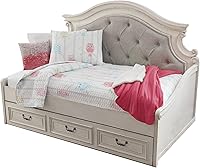Signature Design by Ashley Realyn Twin Daybed with Storage Drawer, Tufted Upholstered Platform, White Beige, No Box Spring Needed
